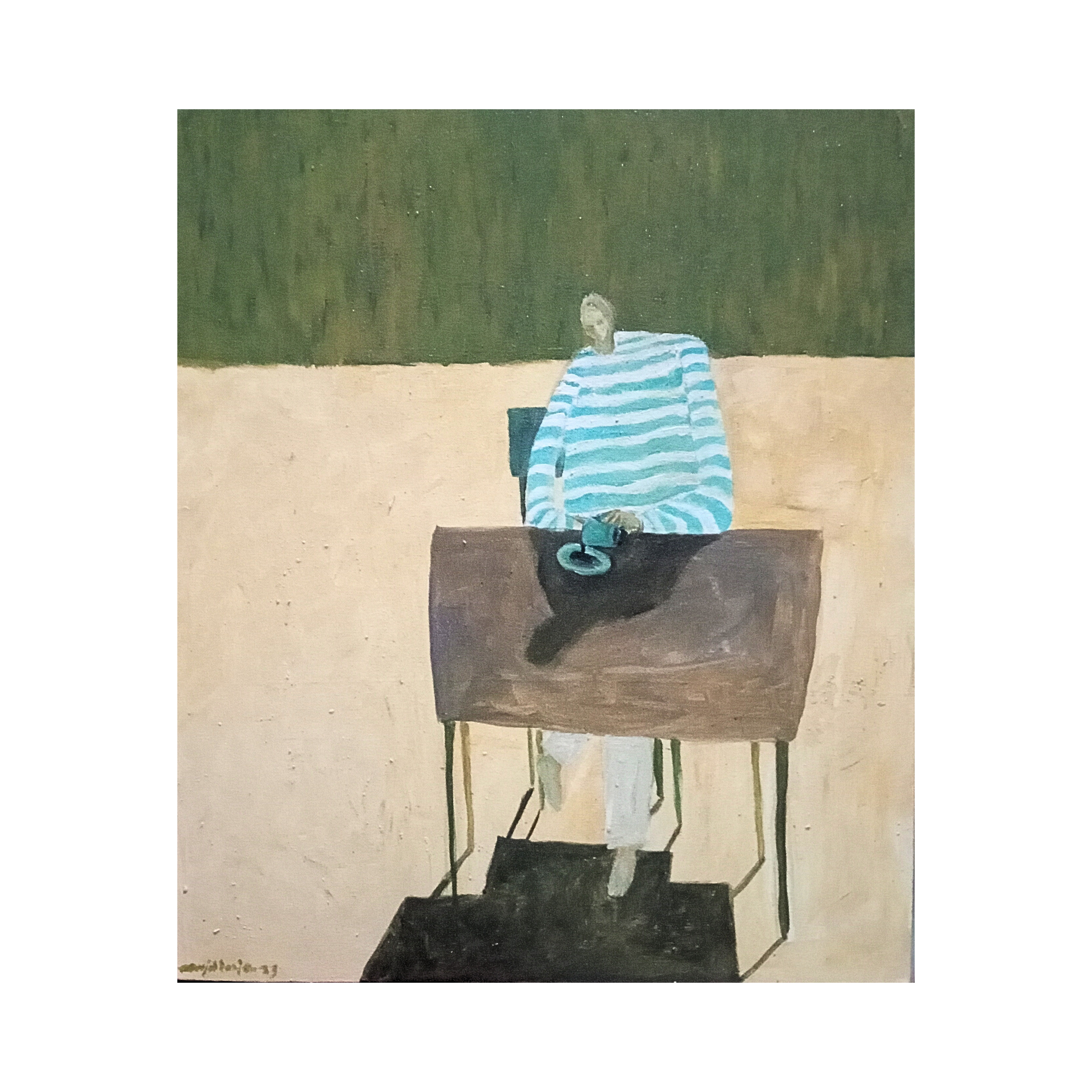 A Figurative Expressionism Art painting titled "Benteng-Benteng Purba" by Mujib Darjo at 2Madison Gallery. This Affordable Art Asia artwork portrays a solitary man drinking coffee, reflecting resilience by an Emerging Artist in the Indonesian Gallery Scene.