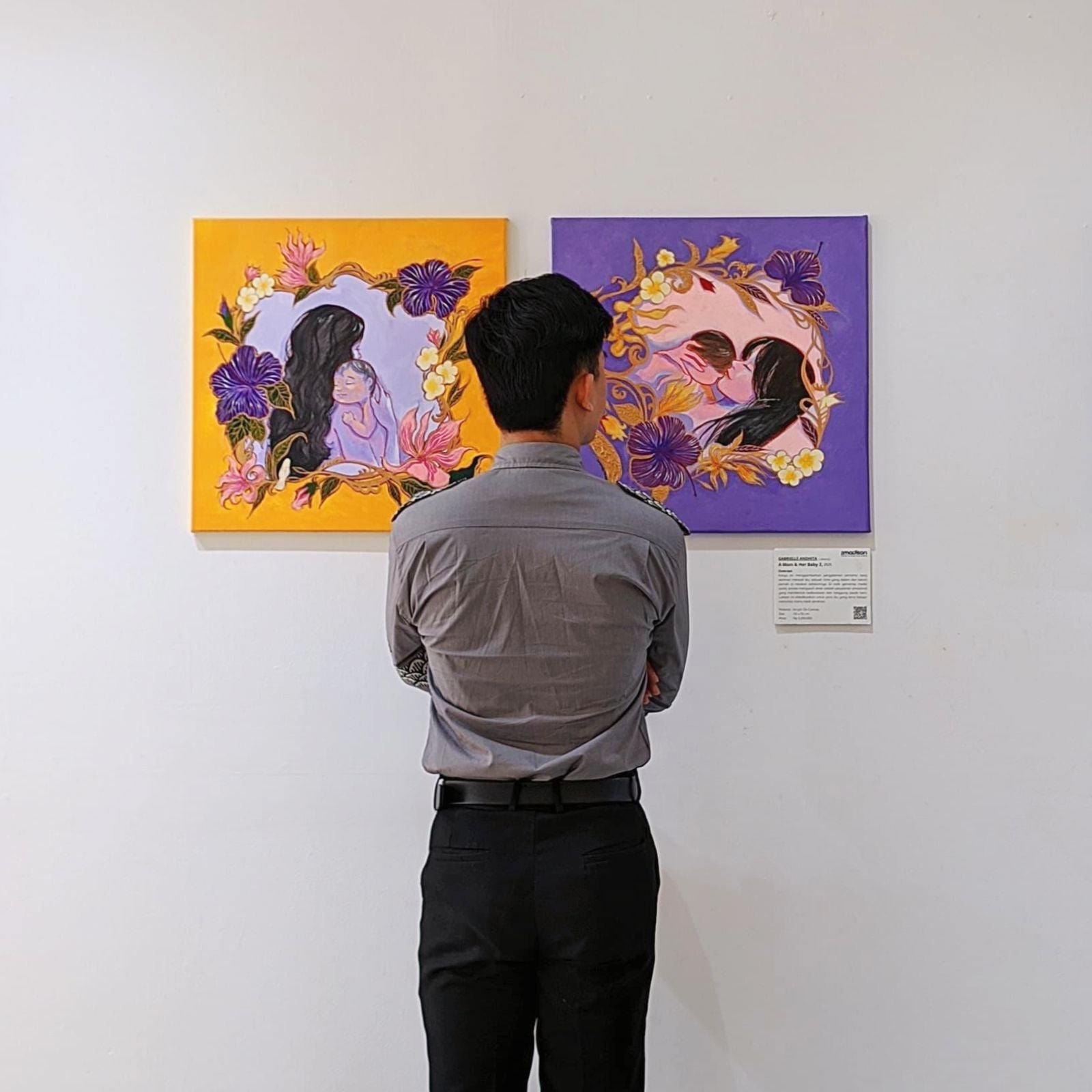A contemporary figurative art acrylic painting titled "A Mom & Her Baby 2" at 2Madison Gallery, part of Art Gallery Indonesia and Asian Gallery collections. This Affordable art Asia piece portrays the intimate bond between mother and child.
