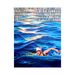 A Contemporary Realism Art acrylic painting titled "Dive Into Knowladge" by Zeta Ranniry at Art Gallery Jakarta. This Contemporary art Jakarta piece featured in a South East Asia gallery shows a swimmer navigating through water beneath bookshelves as a metaphor for learning.