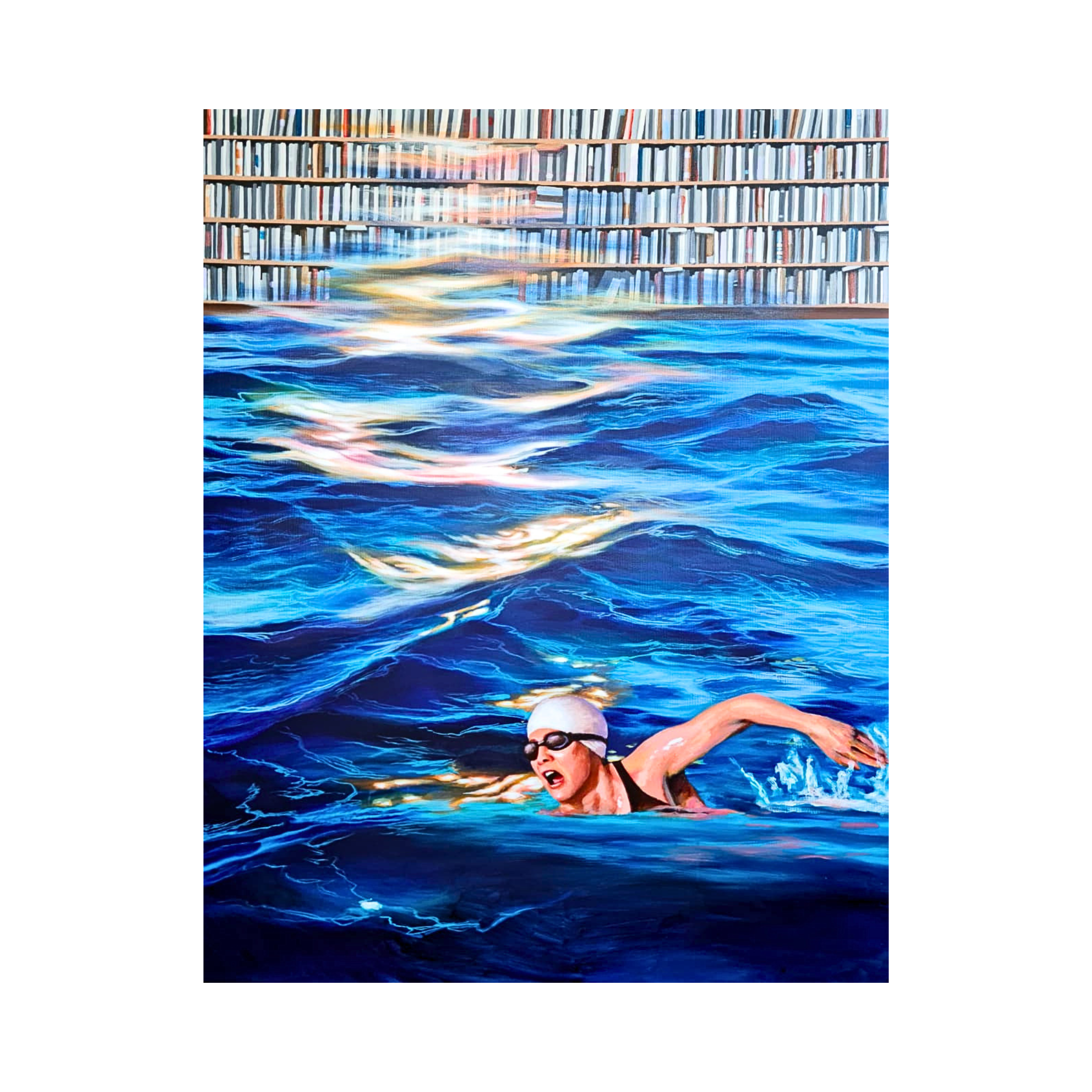 A Contemporary Realism Art acrylic painting titled "Dive Into Knowladge" by Zeta Ranniry at Art Gallery Jakarta. This Contemporary art Jakarta piece featured in a South East Asia gallery shows a swimmer navigating through water beneath bookshelves as a metaphor for learning.