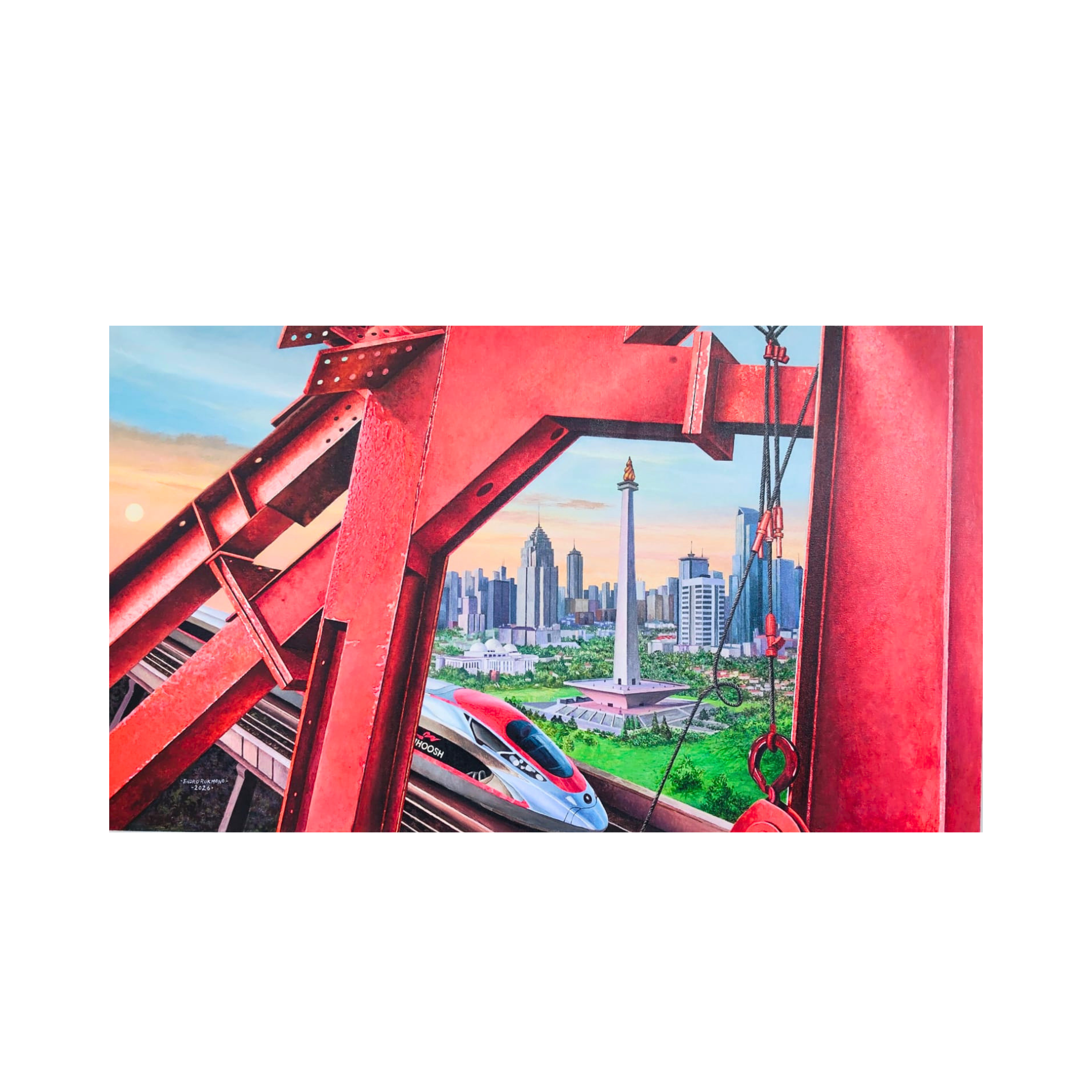 A Contemporary Semi-Abstract Art acrylic painting titled "Pilar Merah Jakarta" by Endro Rukmono at 2Madison Gallery. Created by an Emerging Artist Indonesia, this artwork reflects the Southeast Asia Gallery Scene and represents Affordable Art Asia.