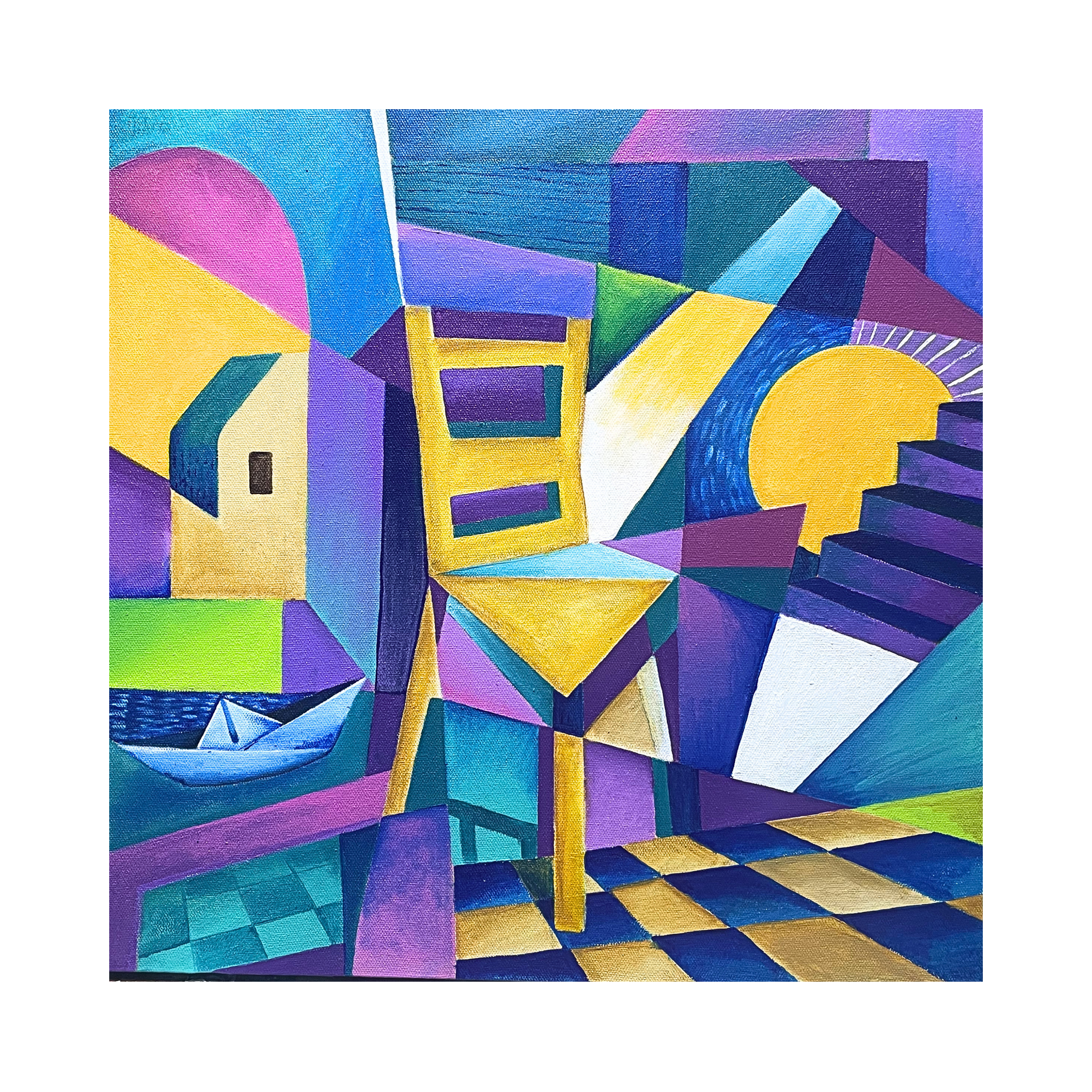 A Cubism acrylic painting titled "Antara Pergi dan Kembali" by Mivetboi at 2Madison Gallery, representing Art Gallery Southeast Asia, Contemporary art ASEAN, and Art Asia.