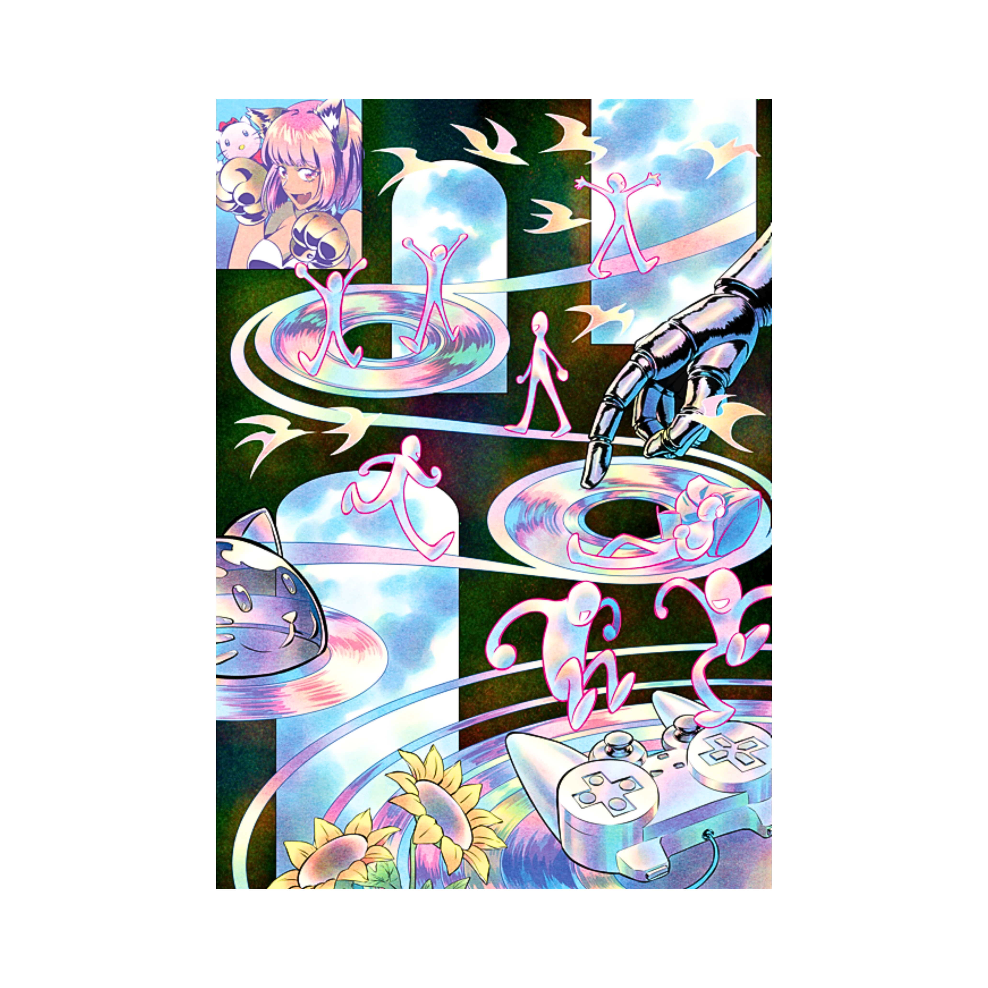 A vibrant Digital Print Art titled "Sanctuarium Digitalis" by Thy Atelier at 2madison Gallery. This Pop Culture Surrealism composition features iridescent human silhouettes dancing on holographic CDs, a vintage gaming controller, sunflowers, and a large robotic hand against a dreamlike sky, representing the modern collection of Gallery Indonesia.