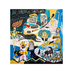 A complex original art mixed media painting at 2madison Gallery, "From Eden To Babel" features vibrant symbols, animals, and text on a large canvas. This Figurative Abstract Art masterpiece showcases the profound narrative of Art Indonesia curated by this leading Gallery Jakarta and Art Gallery Indonesia.