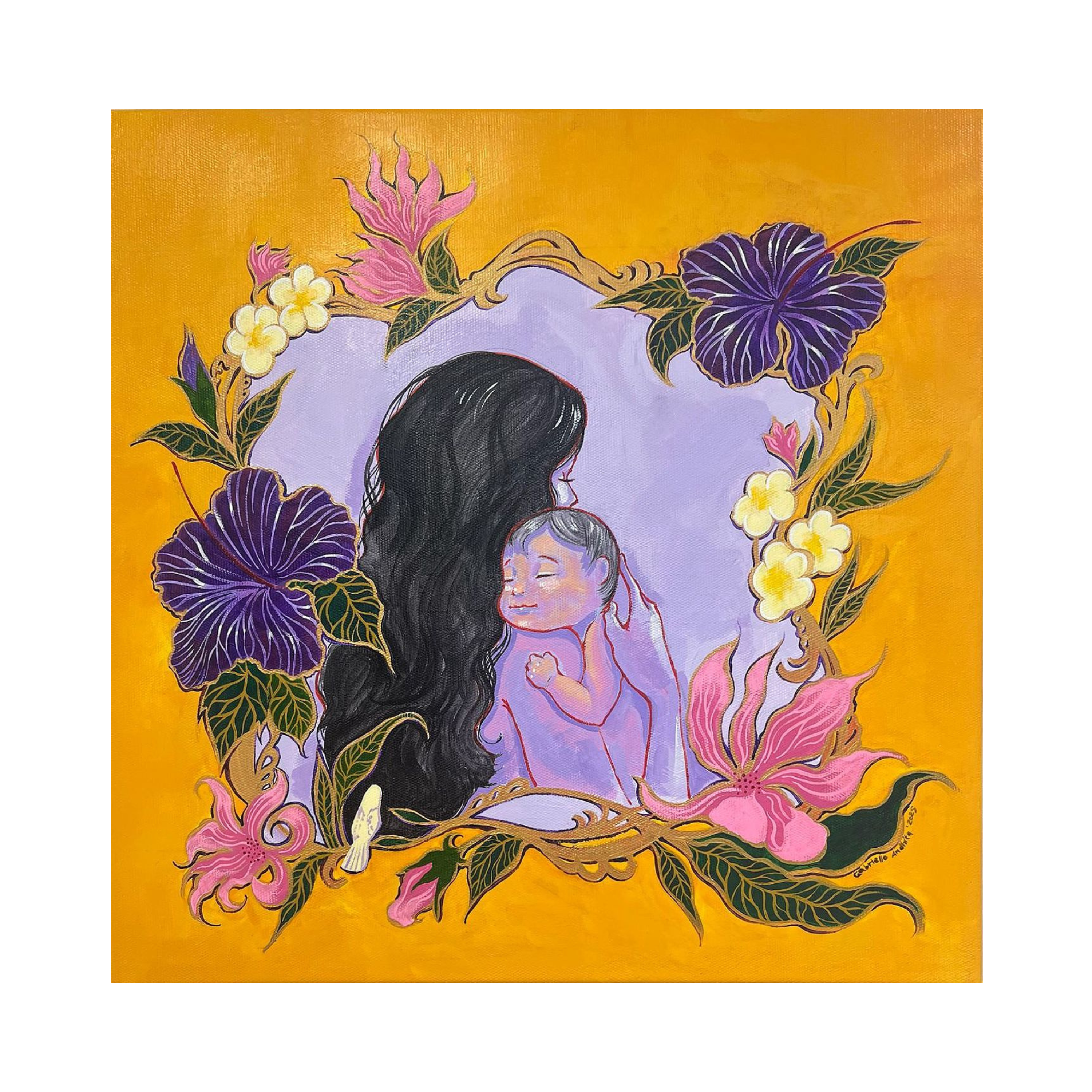 A warm and colorful original art acrylic painting titled "A Mom & Her Baby 1" by Gabrielle Andhita at 2madison Gallery. This Contemporary Figurative Art depicts a mother embracing her baby framed by vibrant purple and yellow flowers, representing the emotional depth of an Emerging Artist in our Art Gallery Indonesia and Gallery Jakarta.