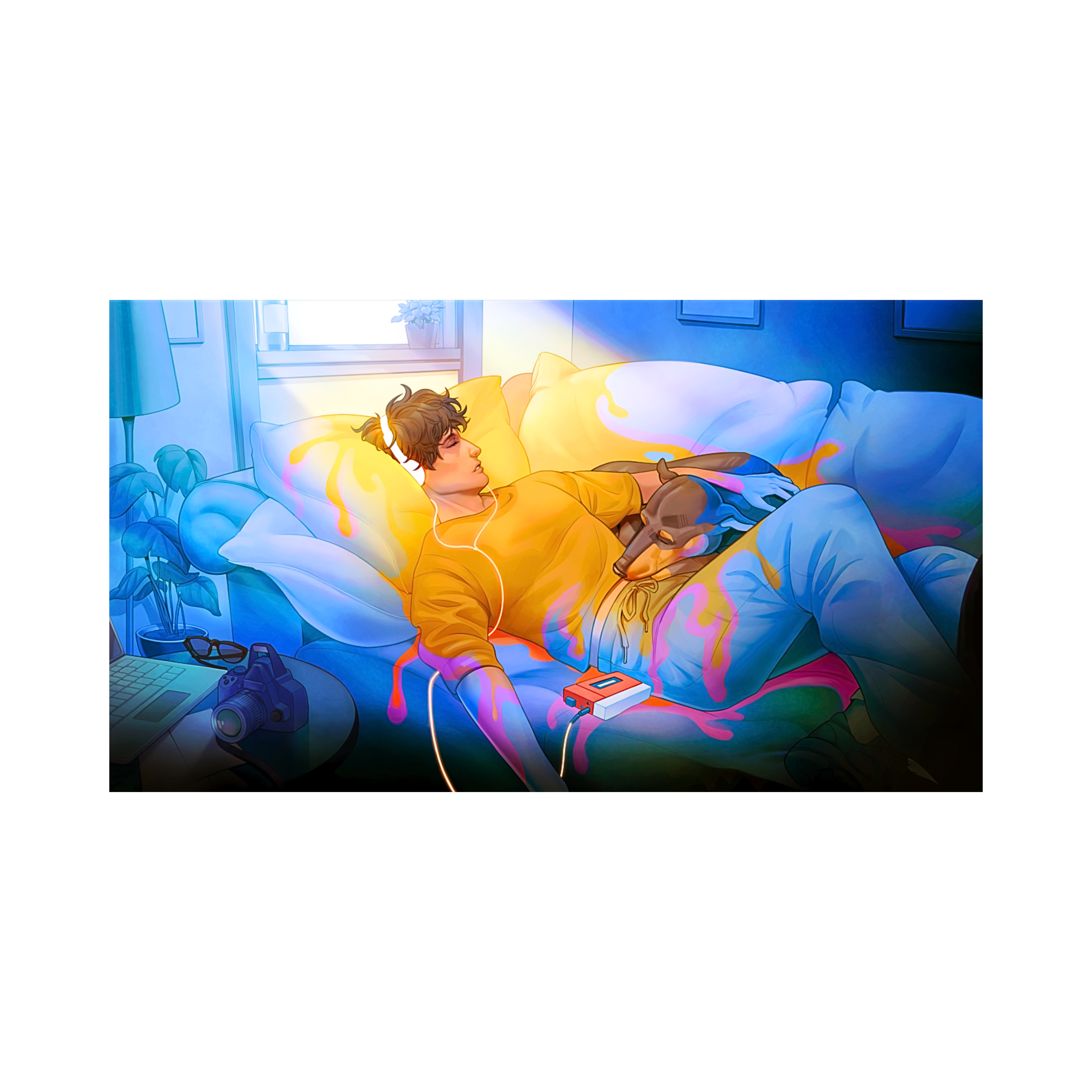 A warm and serene digital illustration titled "Dreaming of a Gentle Tune" by Yenny Laud at 2madison Gallery. This piece of Contemporary art Indonesia depicts a person resting peacefully with a pet in a sunlit room, representing the high-quality Affordable art Asia available at our Indonesian Gallery in Gallery Jakarta.