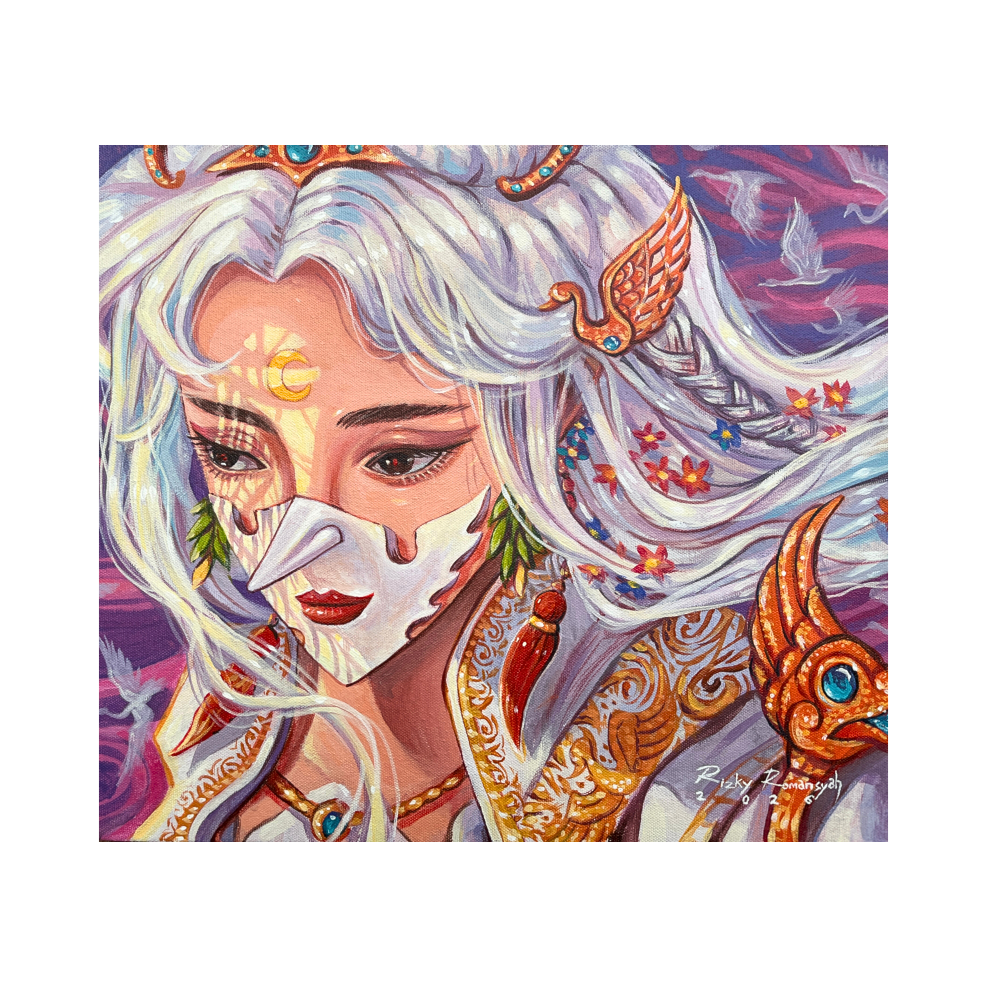 A dreamlike original art acrylic painting titled "The Swan Maiden’s Beauty" by Rizky Romansyah at 2madison Gallery. This Contemporary Pop Surrealism work depicts a fair-skinned maiden with flowing white hair wearing a white swan mask and golden ornaments, set against a soft purple and pink sky with silhouetted swans, representing the artistic excellence of Contemporary art Asia in our Art Gallery Indonesia and Gallery Jakarta collection.