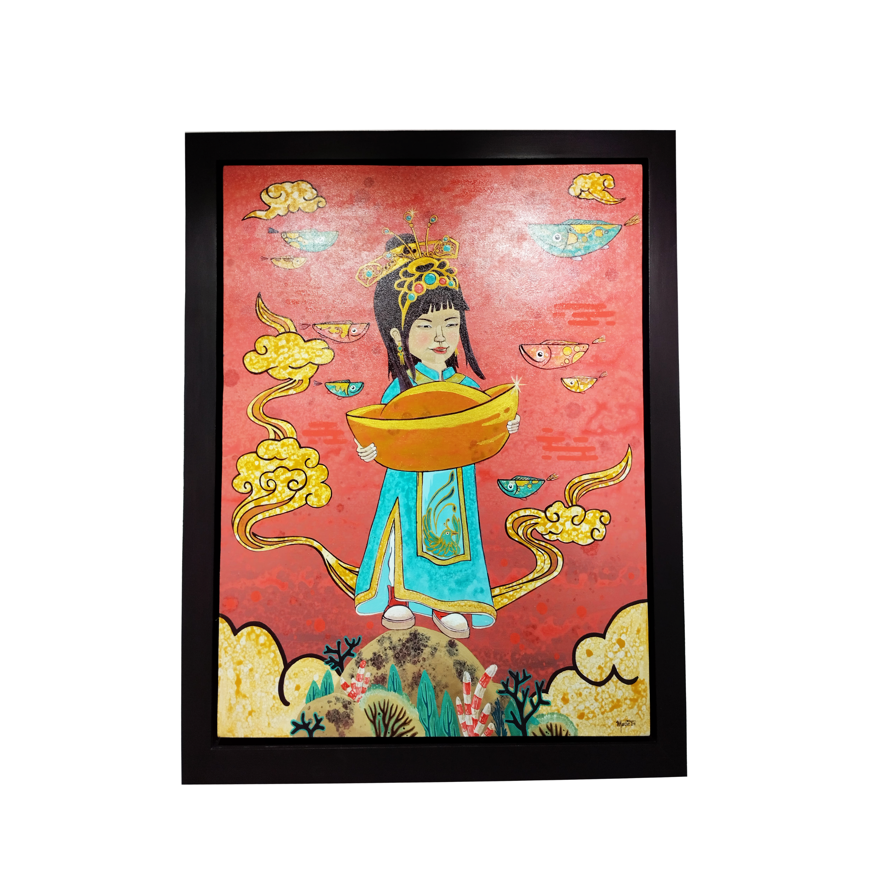A Contemporary Pop Art painting titled "Hope Brings Fortune #2" by M Medik, representing Southeast Asia art and Affordable art Asia at an Asian Gallery. The artwork features symbolic fish, gold coins, and clouds expressing hope, prosperity, and spiritual abundance.
