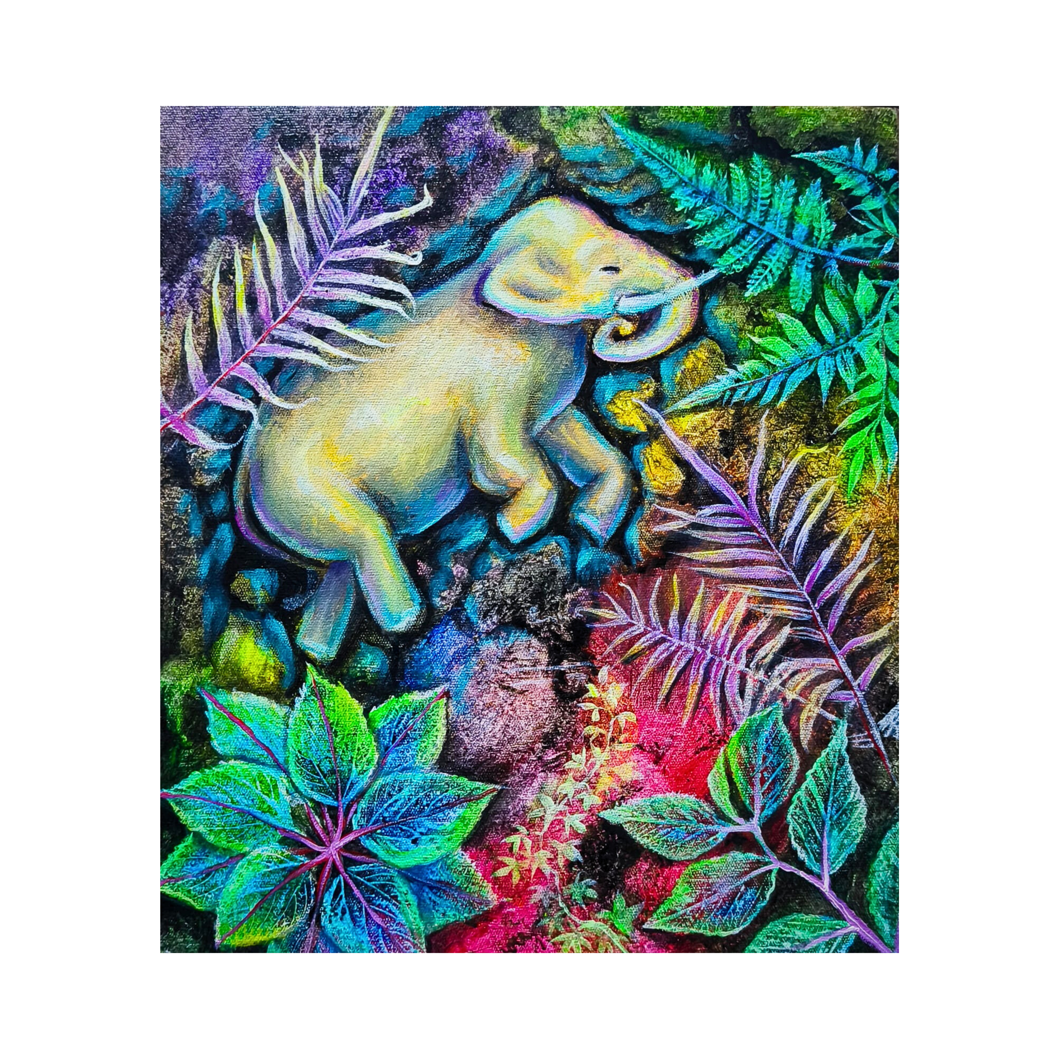 A luminescent original art acrylic painting titled "Pendar Warisan" by M. Imam Bawon at 2madison Gallery. This Contemporary Magical Realism piece features a glowing elephant surrounded by vibrant ferns and tropical leaves, representing the spiritual and ecological themes found in our Indonesian Gallery and Art Gallery Jakarta.