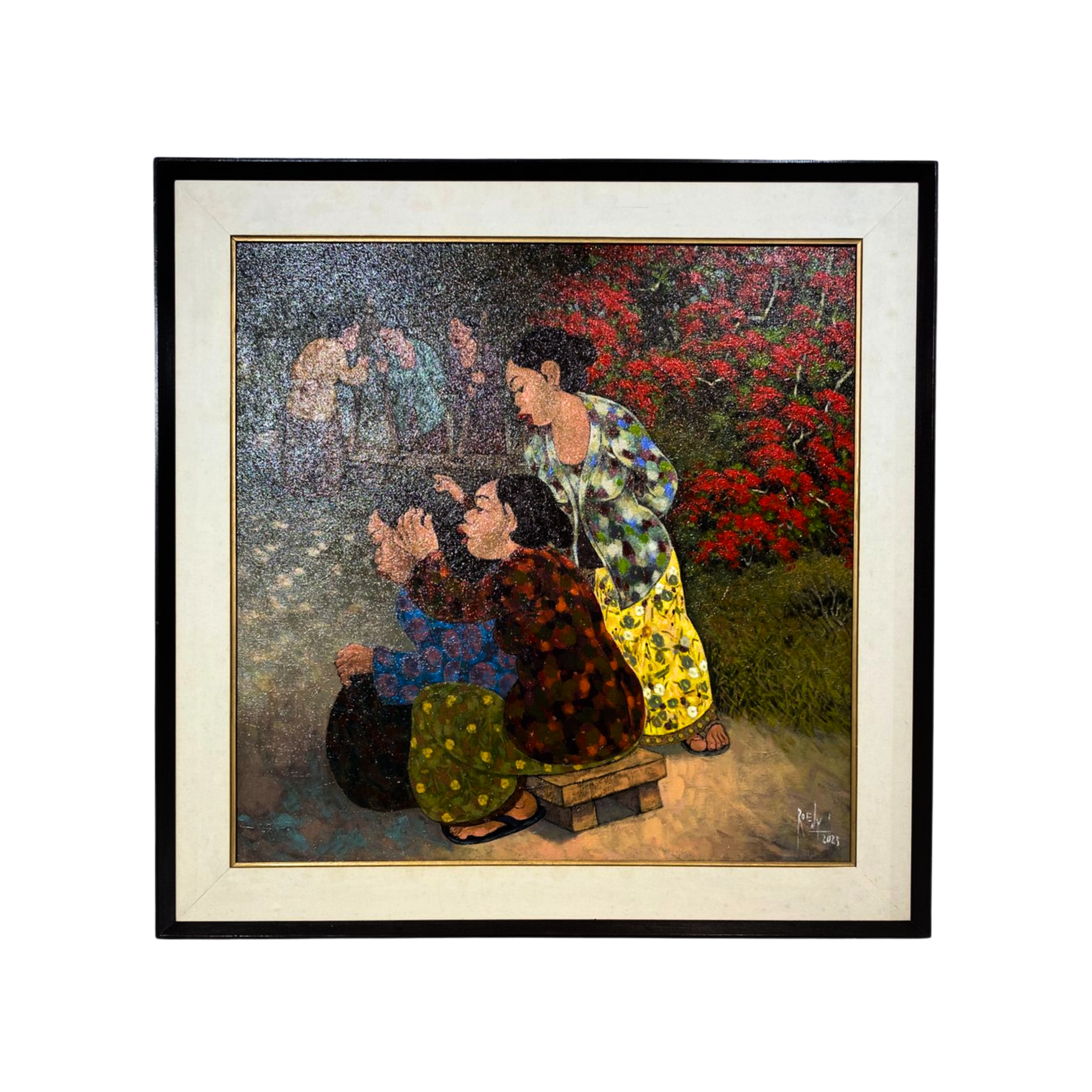 A detailed original art acrylic painting titled "Petan" by Rudy Mardijanto at 2madison Gallery. This Contemporary Figurative Impressionism piece depicts Javanese women in traditional kebaya, showcasing the rich cultural heritage found in our Indonesian Gallery and Art Gallery Jakarta as part of the Affordable art Asia collection.