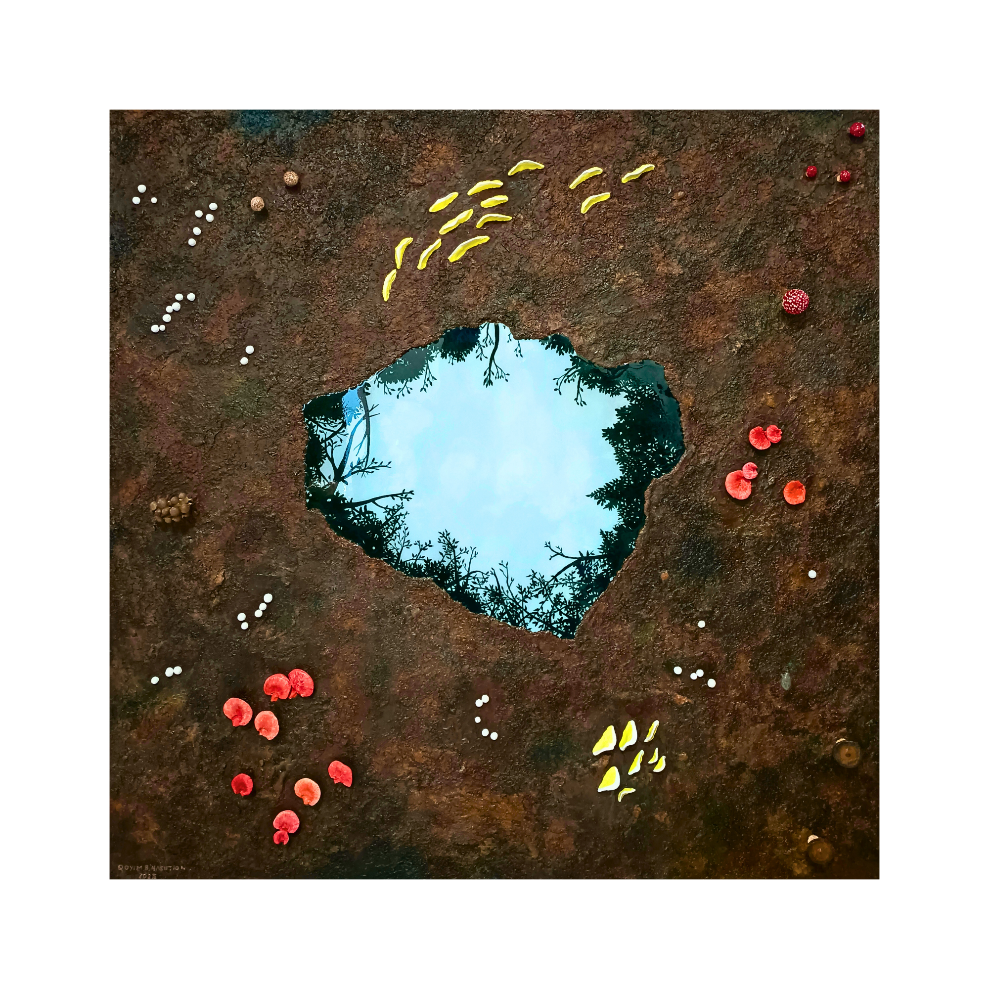 A profound original art mixed media painting at 2madison Gallery, "Warna-Warni Yang Tak Memilih Tanahnya" (2025) features colorful mushrooms and a reflective puddle on a textured square canvas. This Figurative Abstract Art showcase represents the vibrant spirit of Contemporary art Asia within a leading Indonesian Gallery and South East Asia gallery.