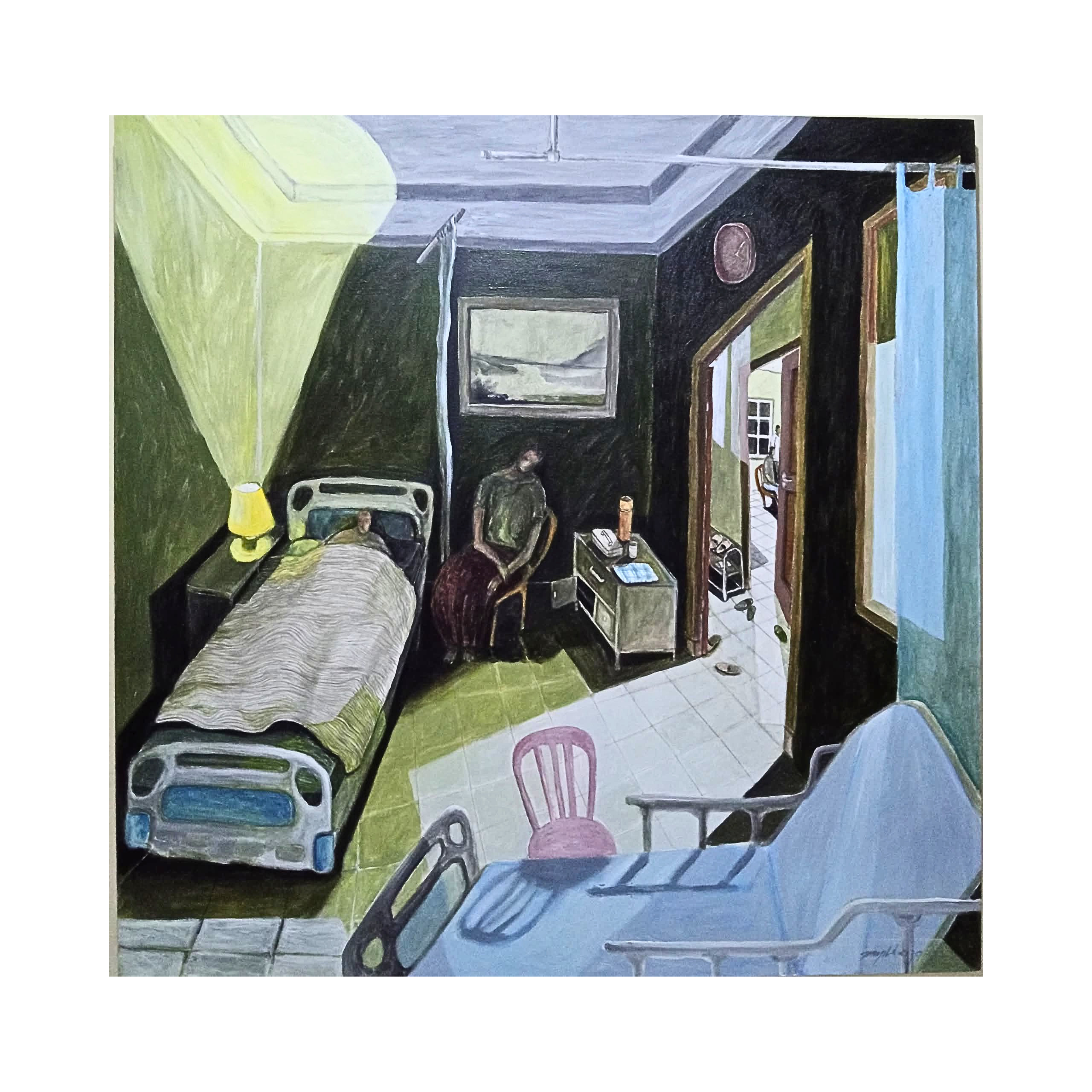 A Figurative Expressionism Art painting titled "Jaga Malam" by Mujib Darjo at 2Madison Gallery. This Contemporary Art Indonesia artwork explores inner conflict and emotion, showcasing an Indonesian Artist in an Asian Gallery.