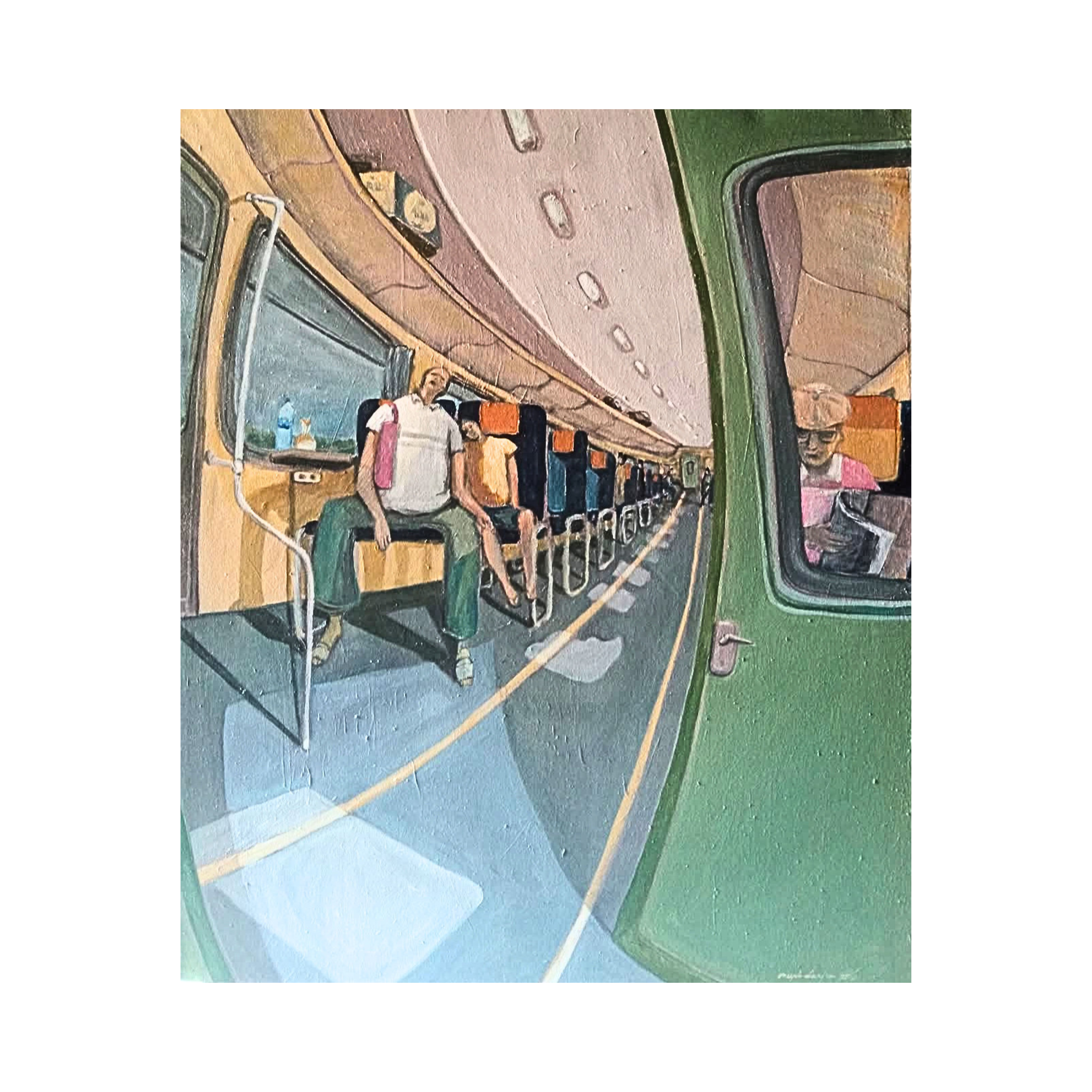 A Figurative Expressionism Art painting titled "Jendela" by Mujib Darjo at 2Madison Gallery. This Contemporary Art Indonesia artwork portrays a father and child on a train journey, reflecting Affordable Art Indonesia by a prominent Indonesian Artist.