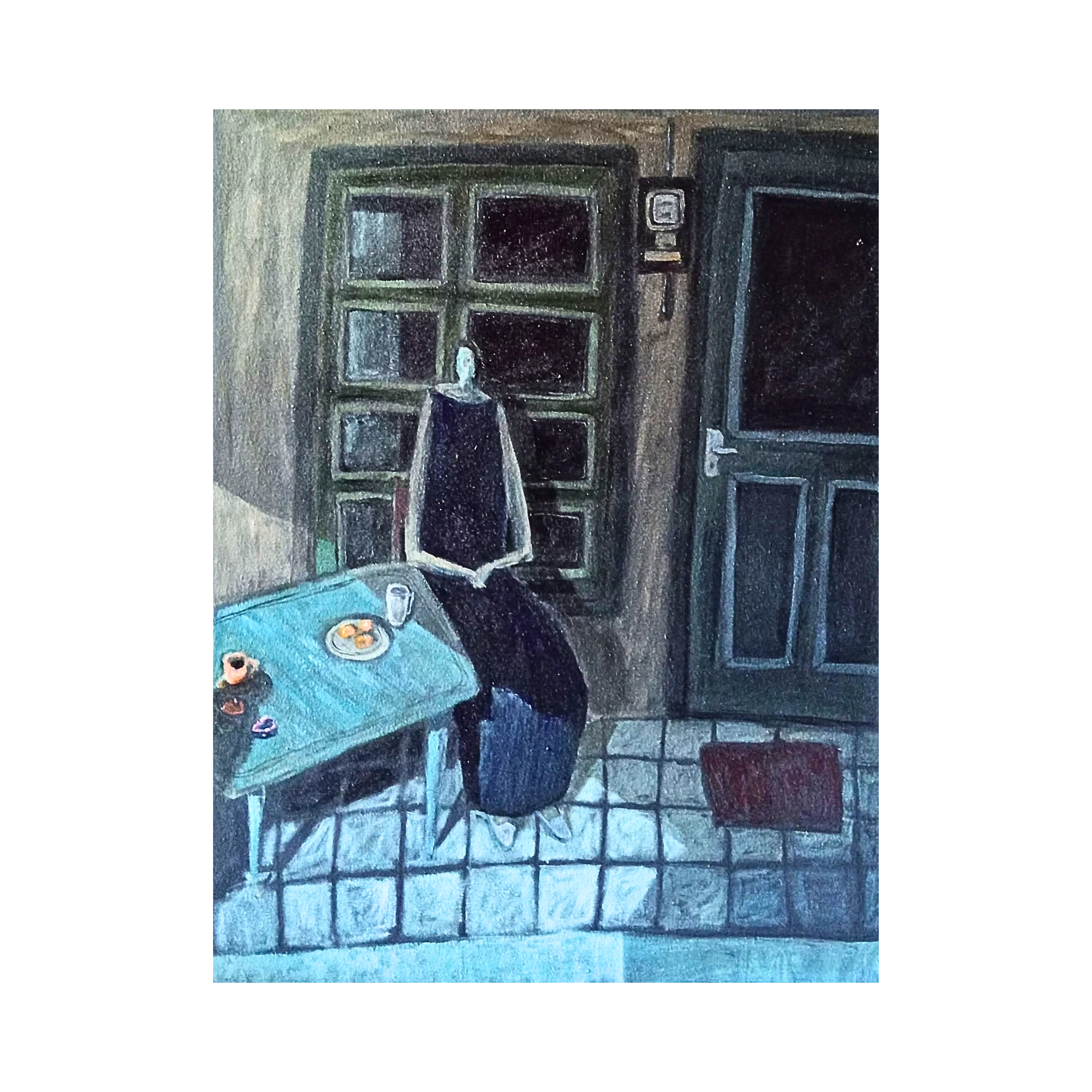 A Figurative Expressionism Art painting titled "Kenapa Kamu begitu Lama" by Mujib Darjo at 2Madison Gallery. This Affordable Art Asia artwork explores longing and hidden emotions by an Emerging Artist Indonesia exhibited in an Indonesian Art Gallery.