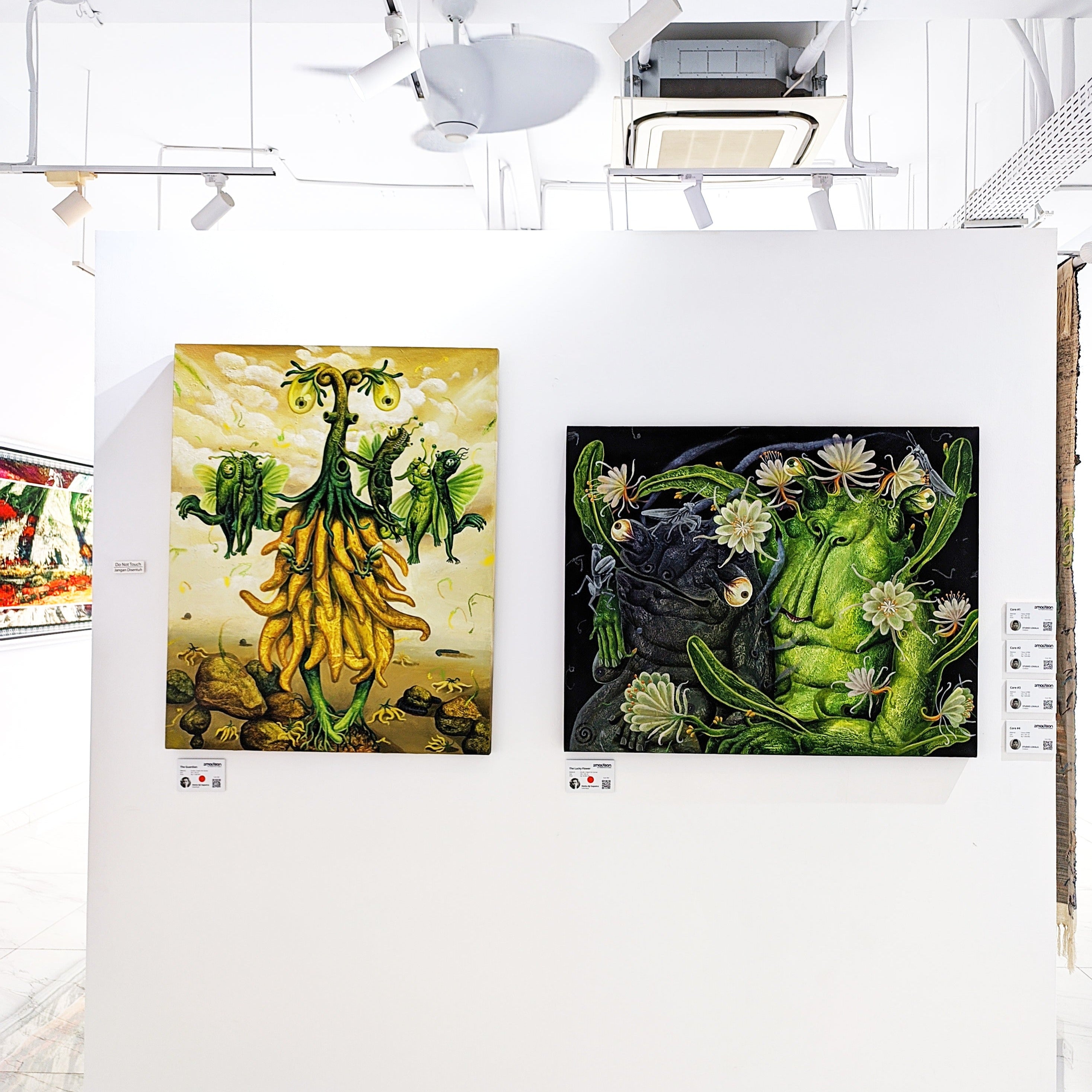 A contemporary surrealism acrylic painting titled "The Lucky Flower" by Desta Aji Saputra at 2Madison Gallery, blending Southeast Asia art and Affordable art Asia. The piece evokes fleeting beauty and mystical allure, highlighting imaginative expression in an art gallery Jakarta setting.