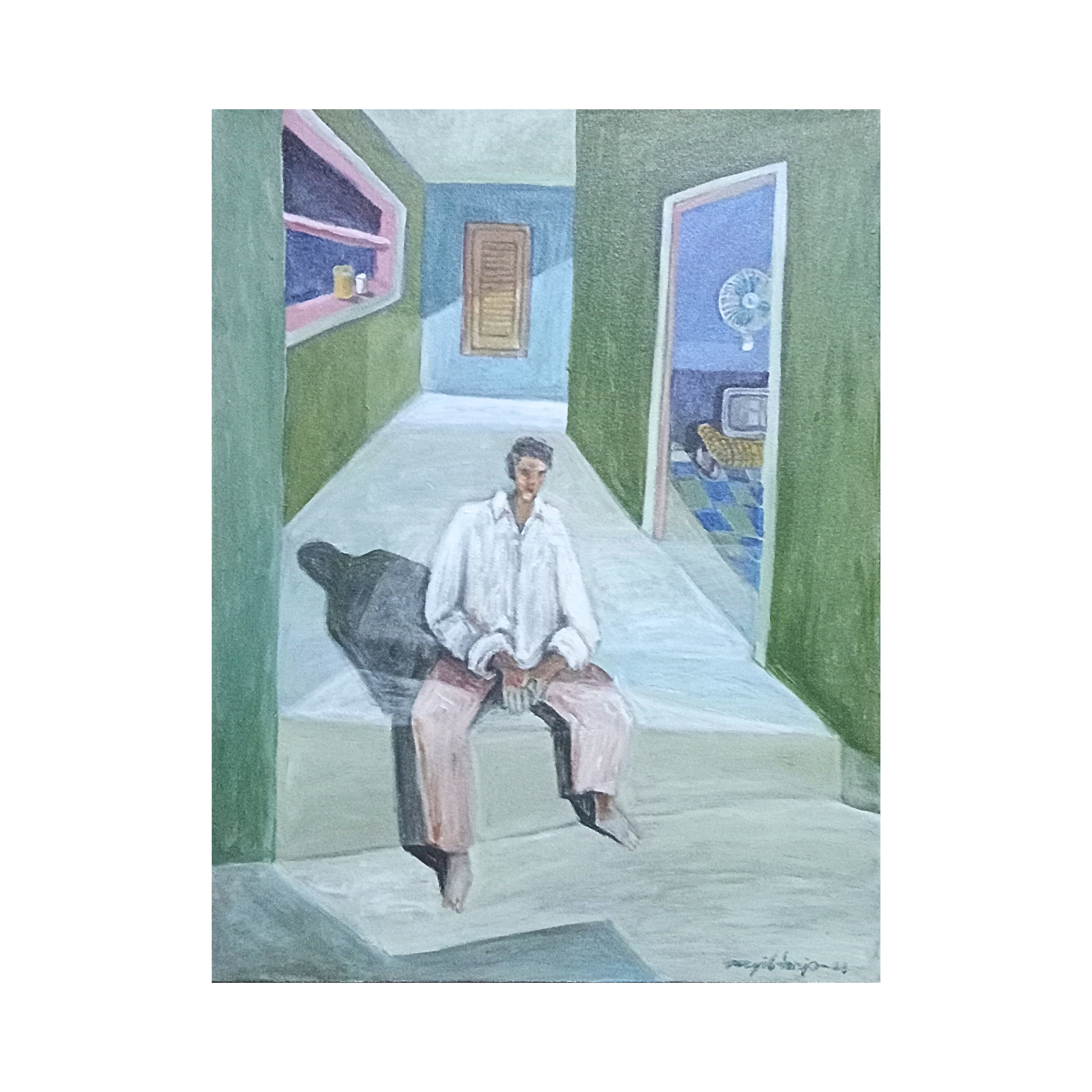 A Figurative Expressionism Art painting titled "Naga Dina" by Mujib Darjo at 2Madison Gallery. This Affordable Art Indonesia work depicts contemplation and destiny, representing an Emerging Artist in the Indonesian Gallery Scene.