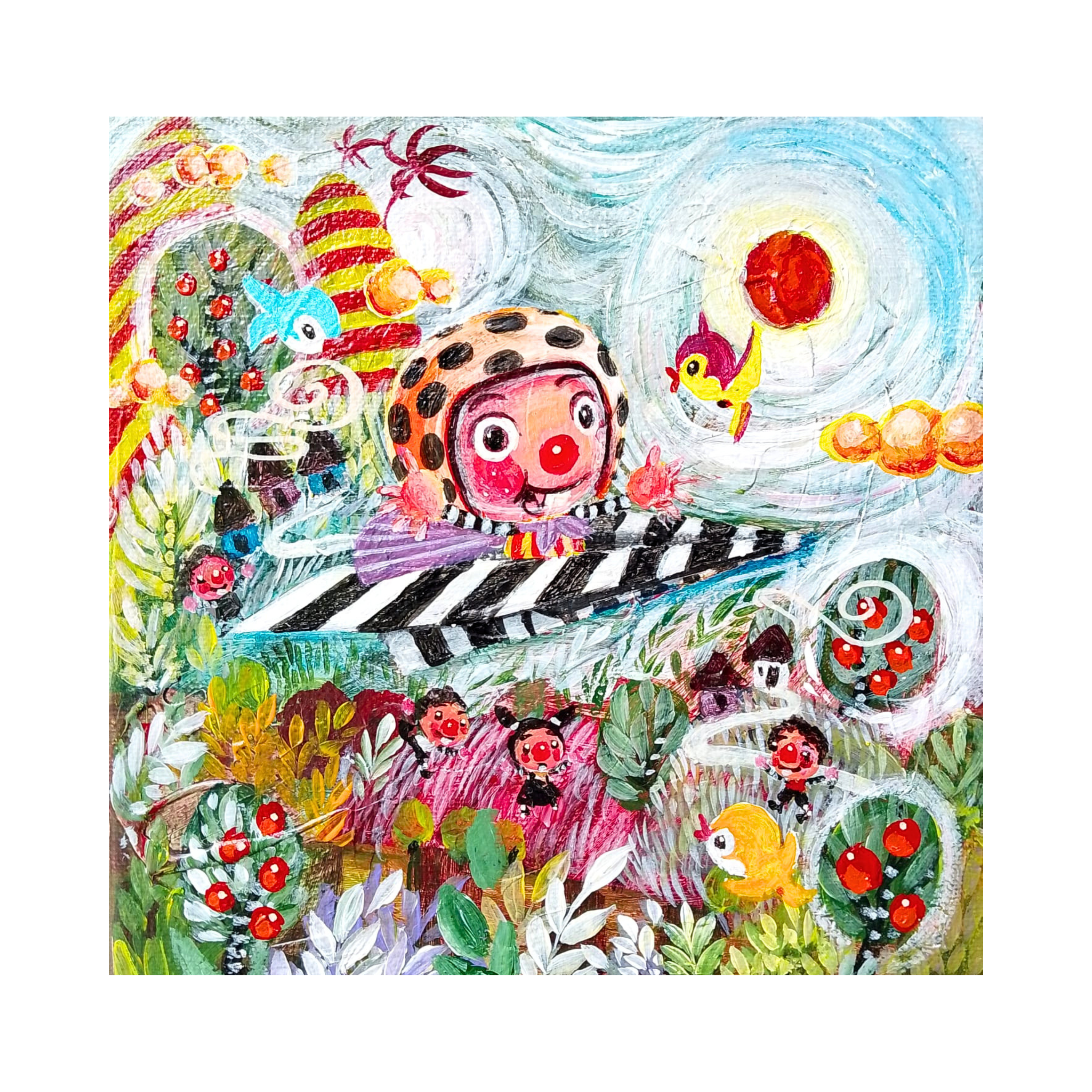 A Naïve Art acrylic painting titled "Visiting the Neighboring Village" by Sinung Rubianto at 2Madison Gallery, representing Contemporary art Indonesia and Affordable art Asia in a Gallery Jakarta setting.