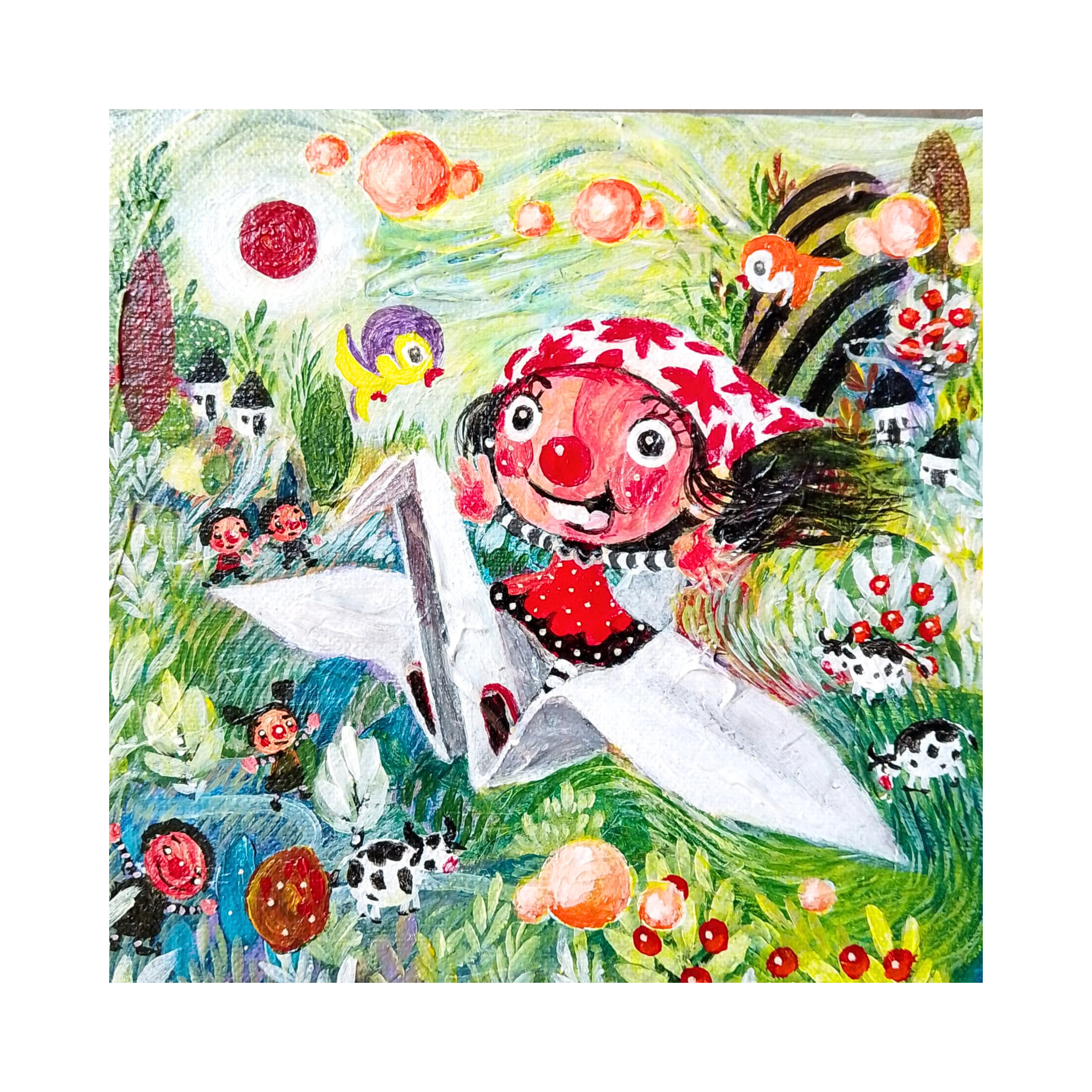 A Naïve Art acrylic painting titled "Visiting the Neighboring Village #2" by Sinung Rubianto at 2Madison Gallery, representing Indonesian Gallery, Gallery Jakarta, and Affordable art Asia within Contemporary art Indonesia.