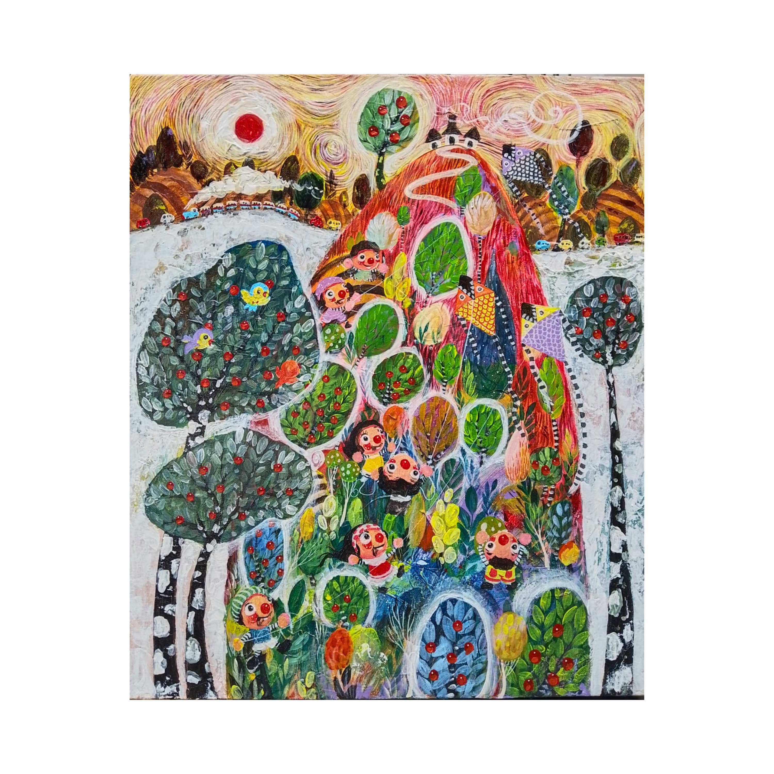 A Naïve Art acrylic painting titled "Hometown" by Sinung Rubianto at 2Madison Gallery, representing Contemporary art Indonesia and an emerging artist in an Art Gallery Jakarta setting.