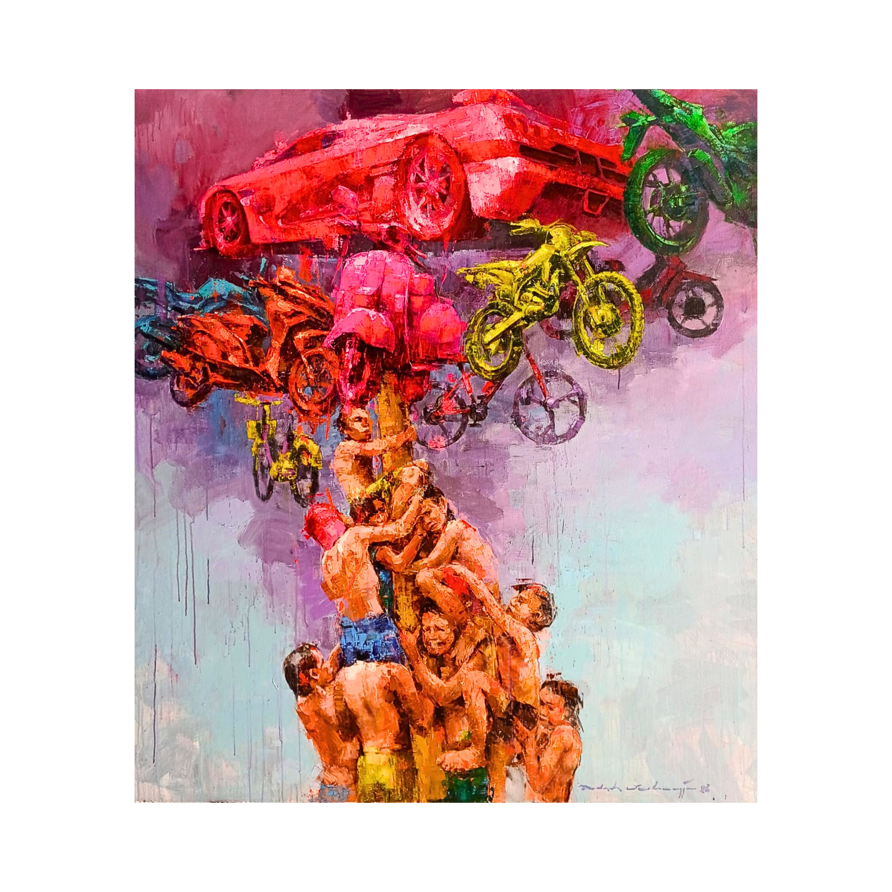 A Neo-Expressionism Art acrylic painting titled "Bukan Kompetisi" by Dadah Subagja at Gallery Indonesia. This Contemporary art Jakarta piece by an Emerging artist depicts collaborative figures symbolizing unity in diversity.