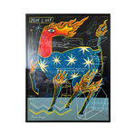 A Neo-Expressionism Art acrylic painting titled "Dream is Over" by Reydo Respati at a South East Asia gallery. This Contemporary art Indonesia piece by an Emerging Artist features a symbolic burning horse representing ambition and awareness.