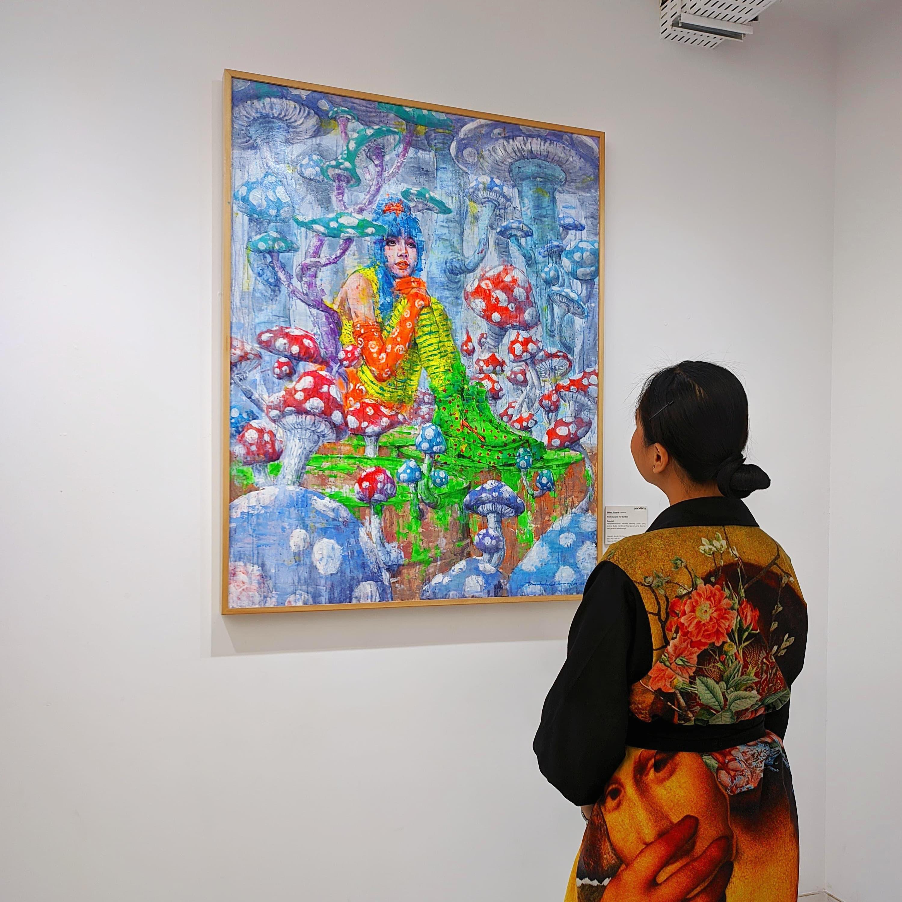 A Neo-Pop Figurative Art painting titled "Next Lisa and Her Garden" by Dadah Subagja at 2Madison Gallery. Featured in Indonesia Art, Asian Gallery, and Art Gallery Indonesia, this piece depicts a young girl enjoying the harvest.