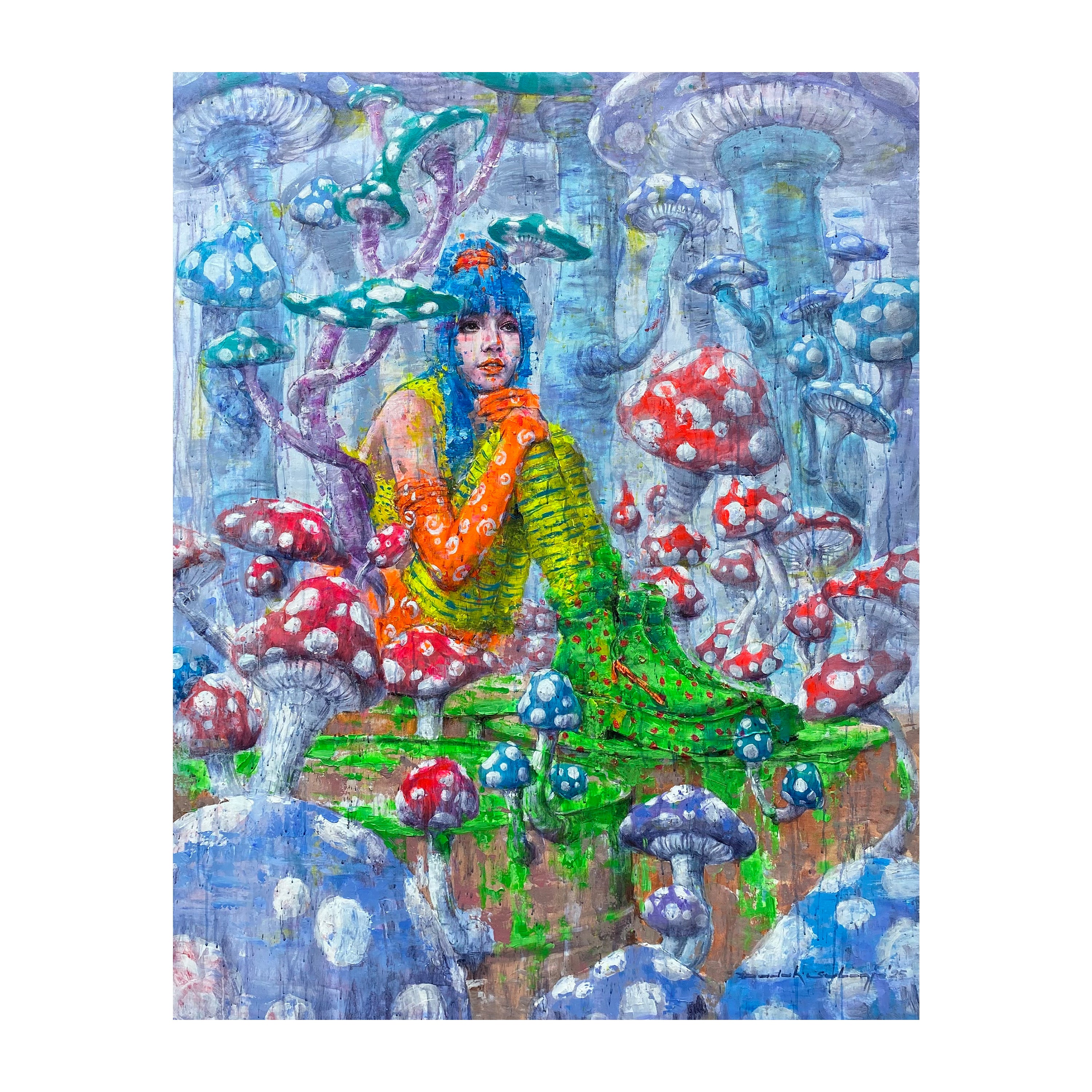 A Neo-Pop Figurative Art painting titled "Next Lisa and Her Garden" by Dadah Subagja at 2Madison Gallery. Featured in Indonesia Art, Asian Gallery, and Art Gallery Indonesia, this piece depicts a young girl enjoying the harvest.