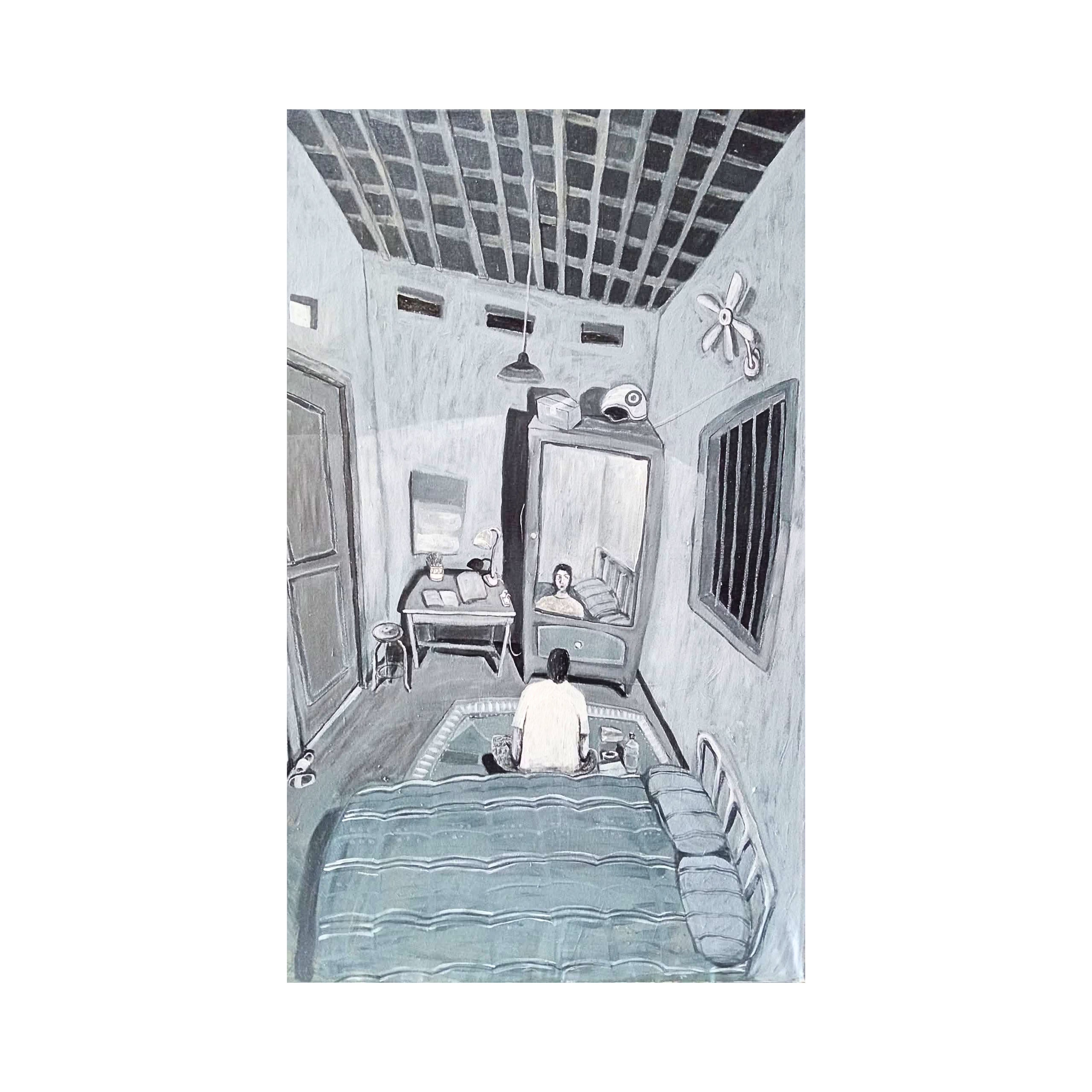 A Figurative Expressionism Art painting titled "Ontang-Anting" by Mujib Darjo at 2Madison Gallery. This Contemporary Art Indonesia artwork explores solitude, hope, and emotional growth within an Art Gallery Jakarta context and represents an Emerging Artist Indonesia.