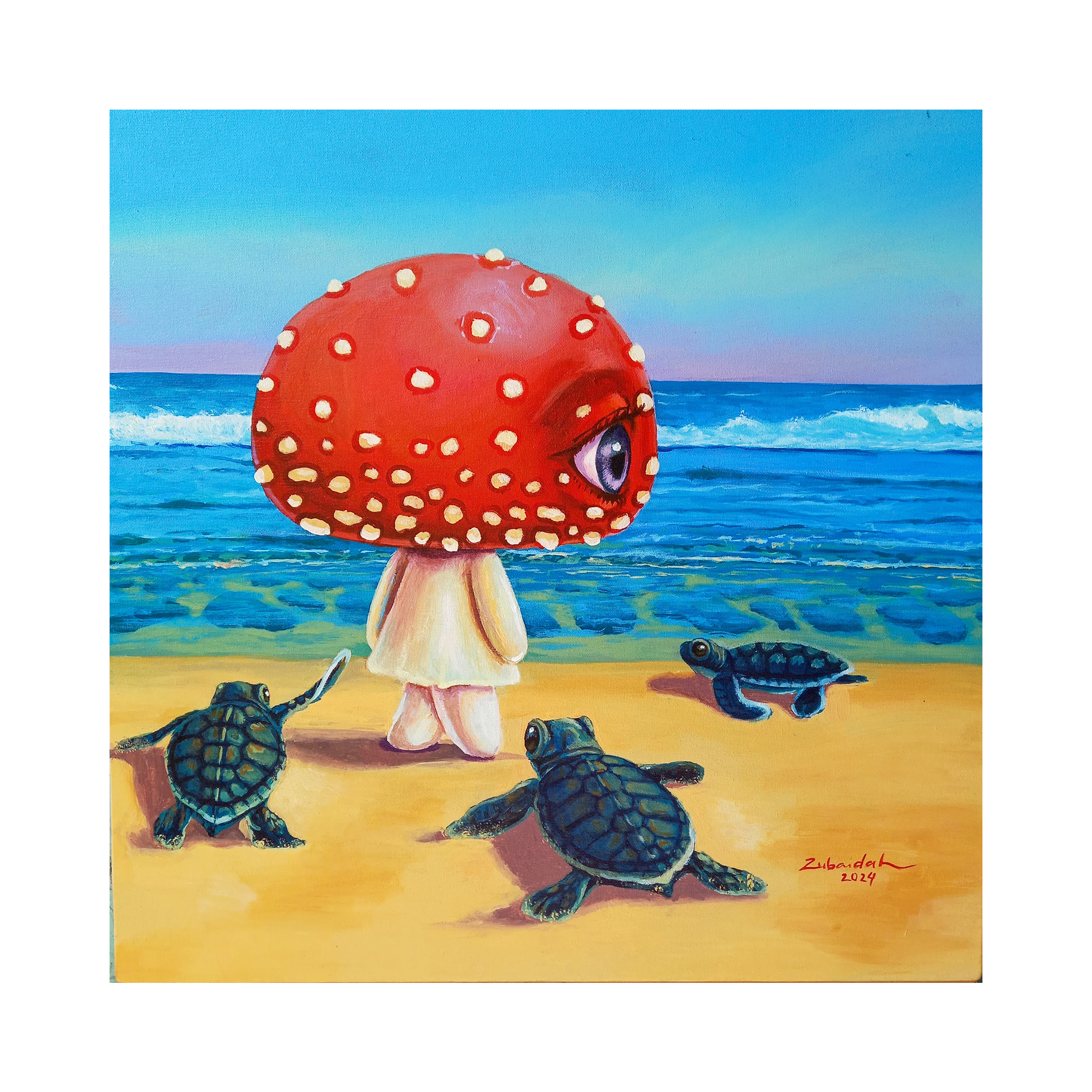 Pop Surrealism painting titled "Beginning" by emerging artist Zubaidah at 2Madison Gallery. Part of Contemporary art Indonesia and Affordable art Asia.