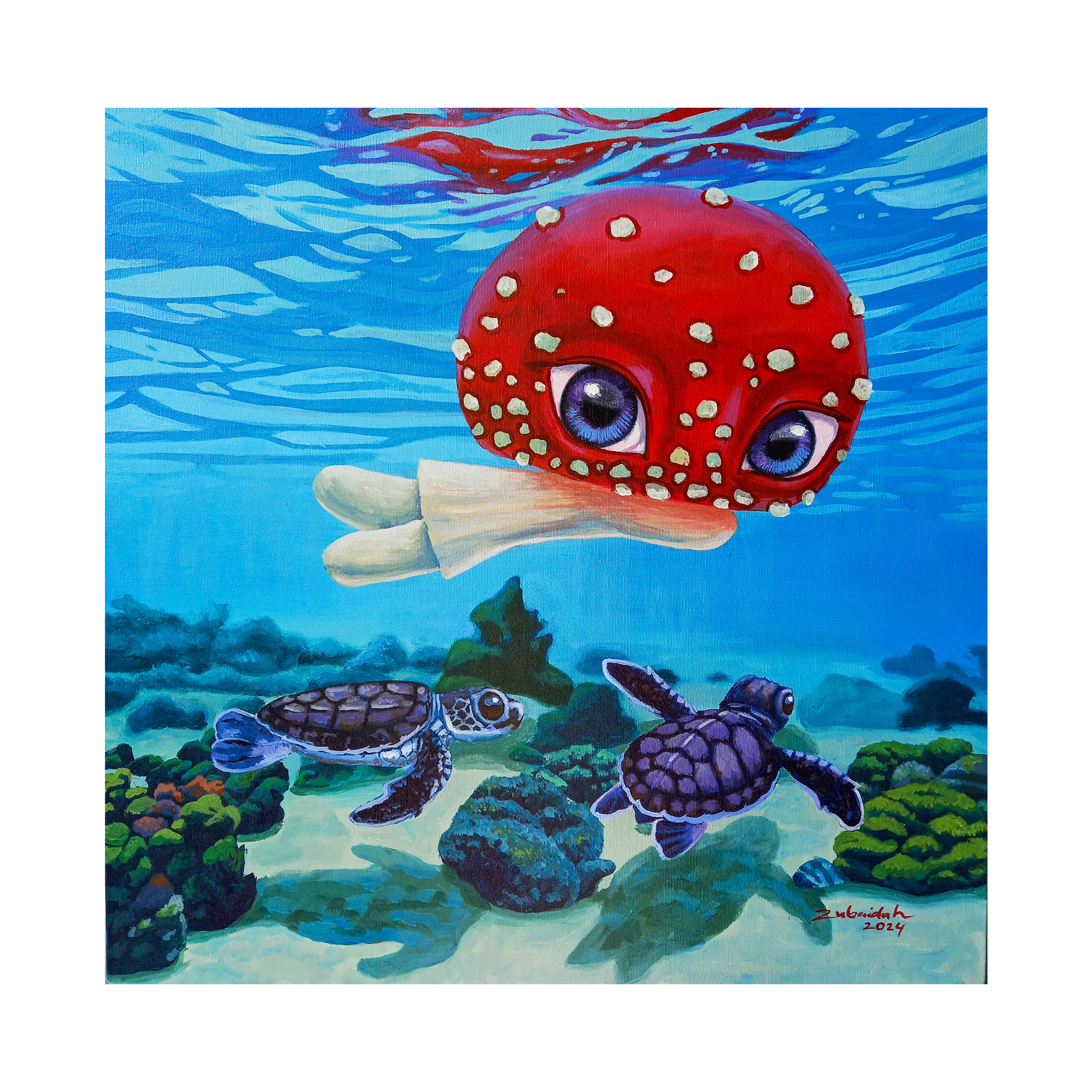 Pop Surrealism painting titled "Our New Journey" by Zubaidah at 2Madison Gallery. Part of Art Indonesia and Contemporary art Indonesia, presented in an Asian Gallery context.