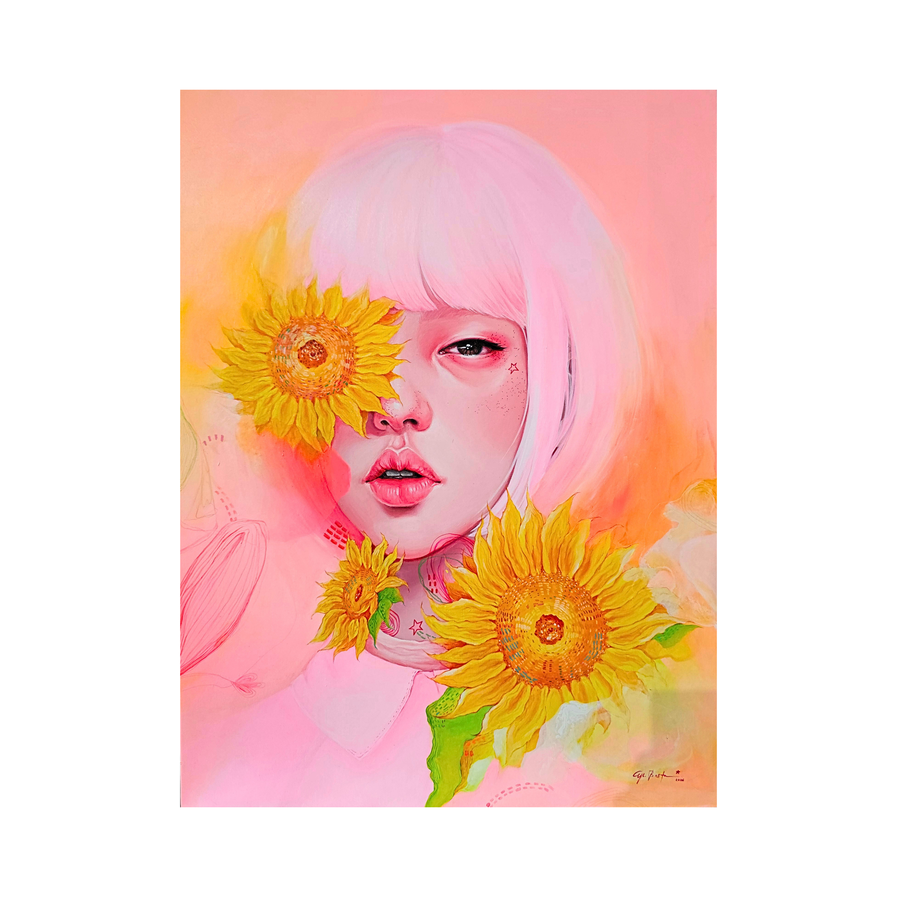 A Pop Surrealism acrylic painting titled "Potrait A Sunflower Girl" by A P Bestari at 2Madison Gallery, representing Art Gallery Indonesia, Contemporary art ASEAN, and South East Asia art.