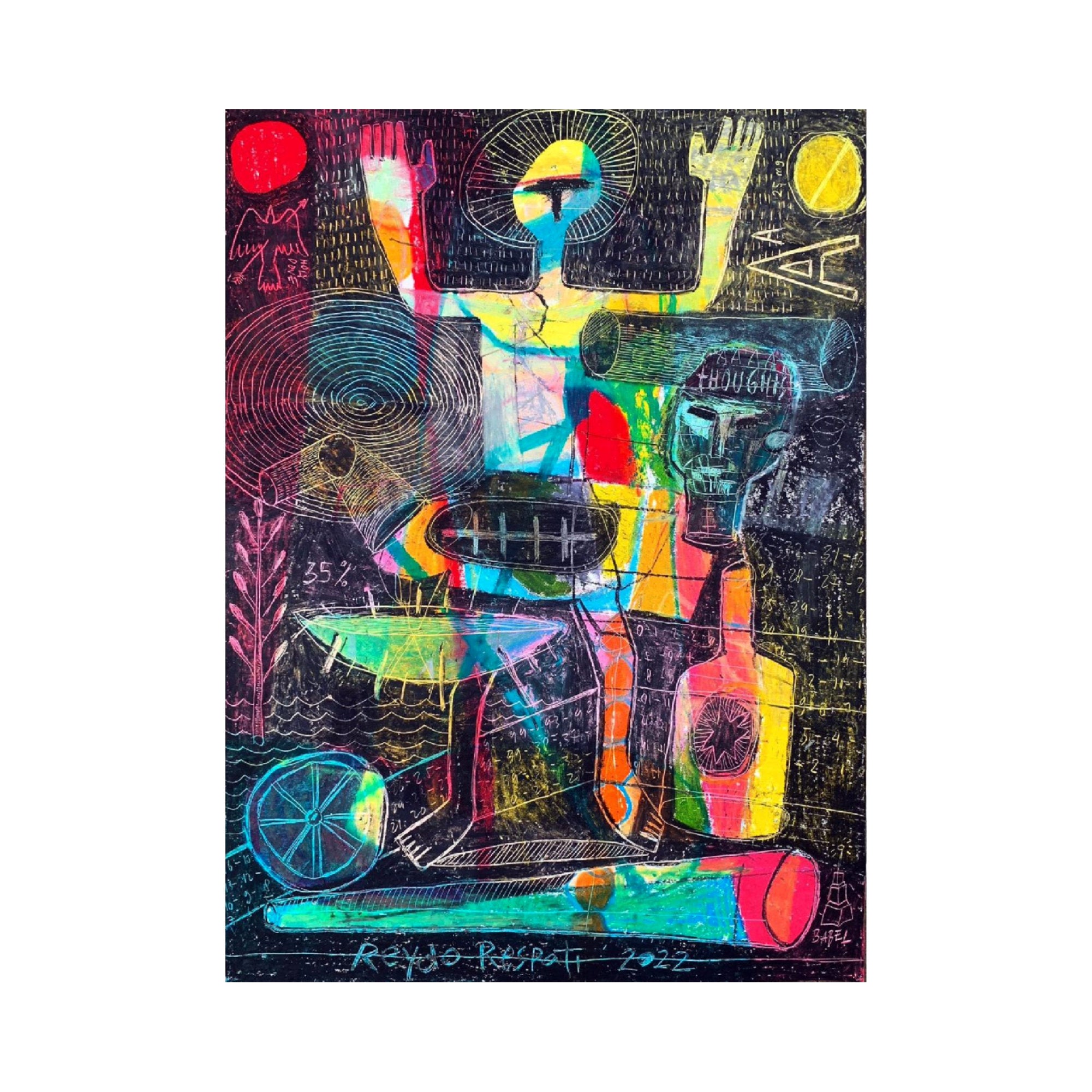 An expressive Neo-Expressionism Art mixed media artwork titled "Homo Deus" by Reydo Respati at 2Madison Gallery. This piece represents Contemporary Art Asia within the Gallery Jakarta and Art Gallery Indonesia scene.