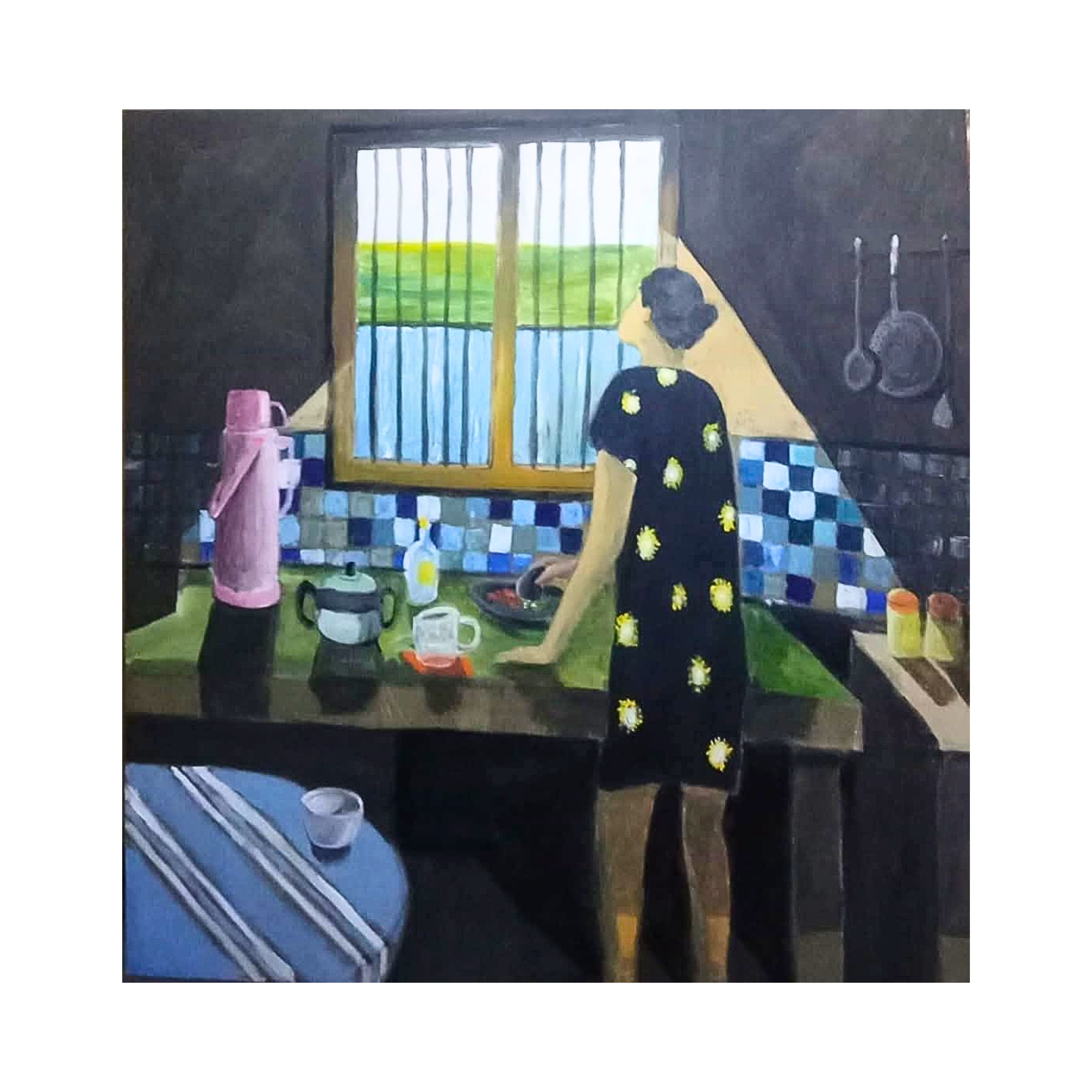 A Figurative Expressionism Art painting titled "Sambal Kacang Kesukaanmu" by Mujib Darjo at 2Madison Gallery. This Contemporary Art Indonesia artwork expresses love and warmth through simple gestures within Art Indonesia and Affordable Art Asia.