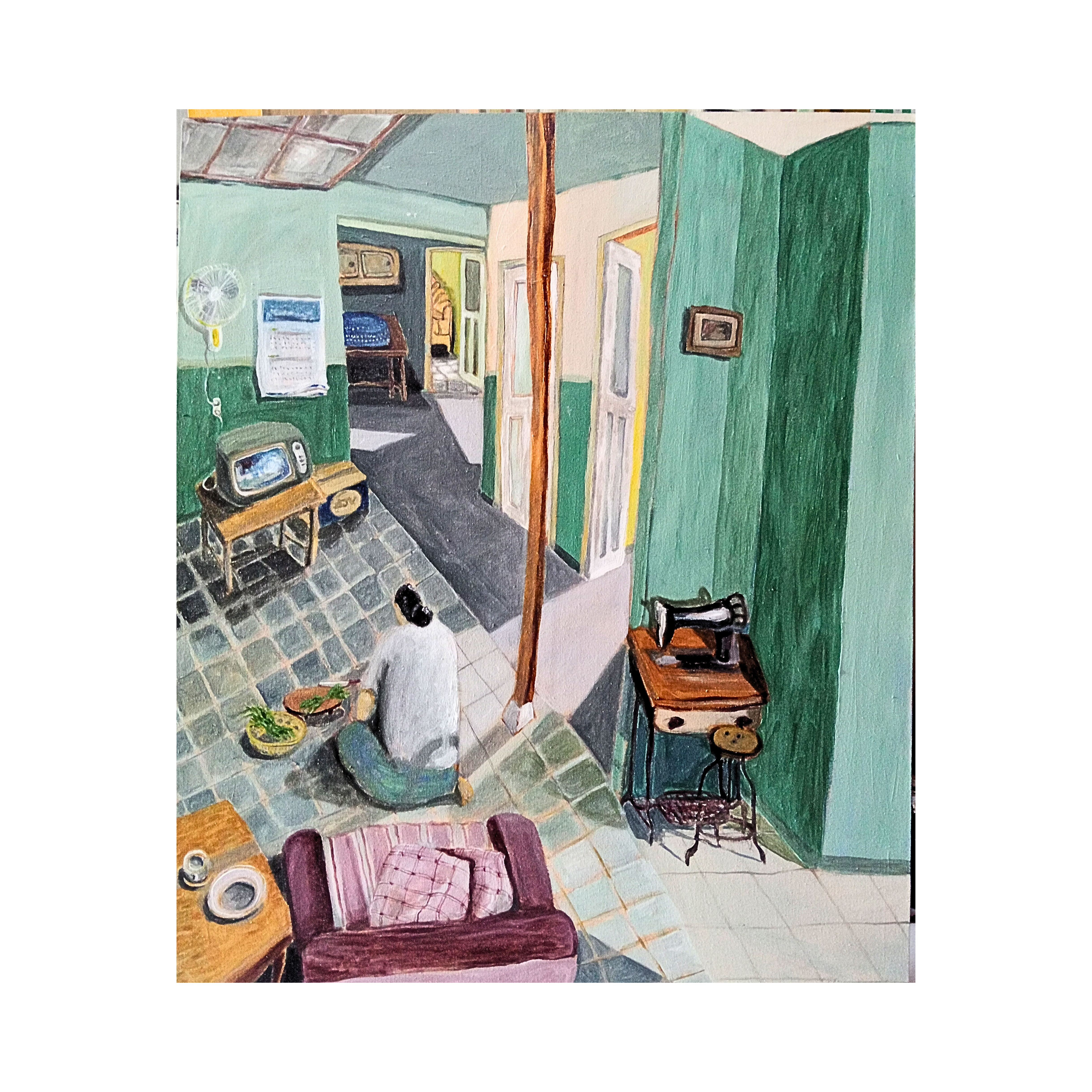 A Figurative Expressionism Art painting titled "Siji Gawe Loro Gawe" by Mujib Darjo at 2Madison Gallery. This Affordable Art Indonesia piece portrays a mother’s daily routine, showcasing an Indonesian Artist in an Indonesian Art Gallery.