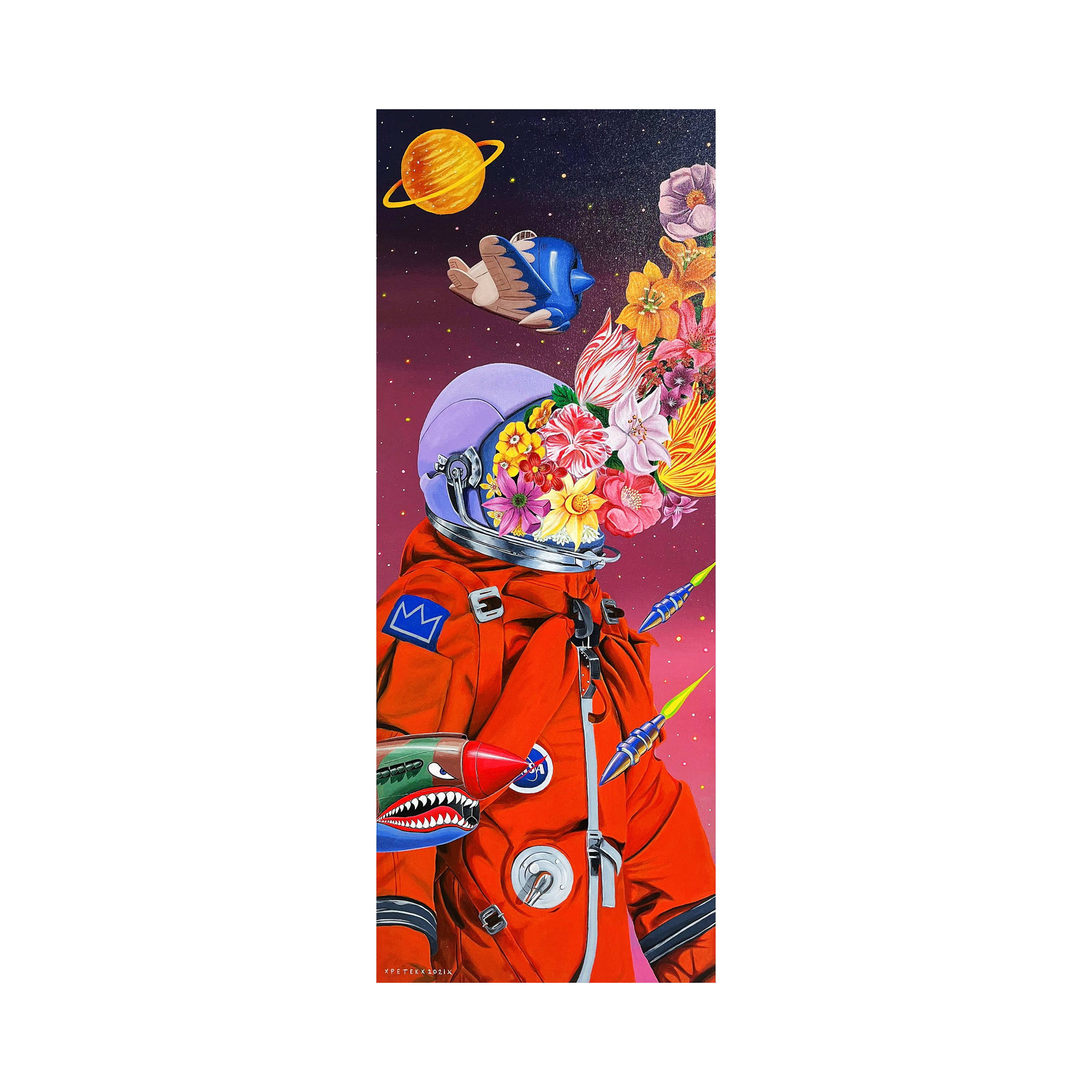 A vibrant original art acrylic painting by Petek Sutrisno titled "New Normal" at 2madison Gallery, featuring an astronaut with a flower-filled helmet against a surreal space background. This Contemporary Art Asia piece in a Pop Surrealism style exemplifies the creative diversity found in our South East Asia gallery and Indonesian Gallery.