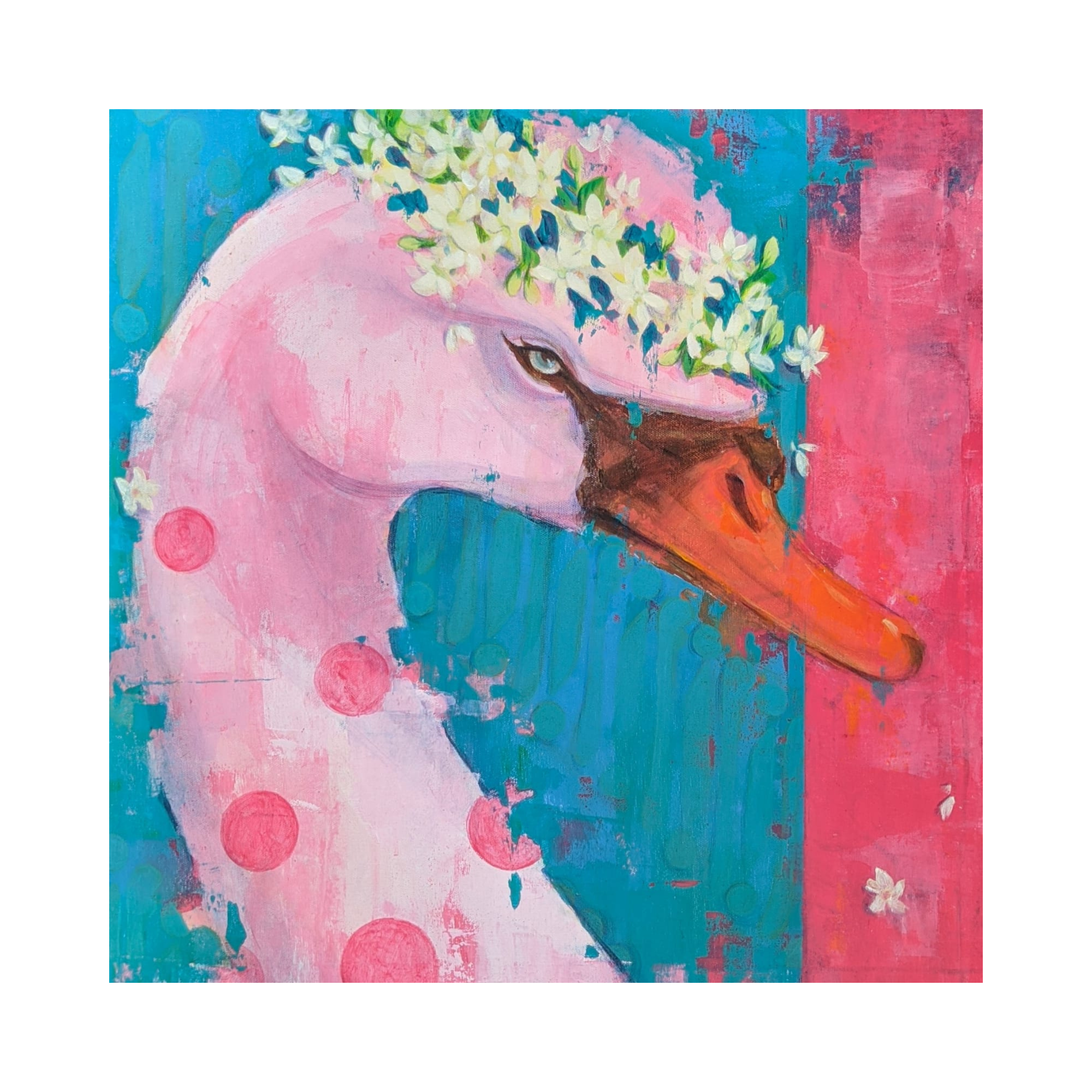 A contemporary art Indonesia acrylic painting titled "Unfading Fragrance" by Taj Ega Panenggak at 2Madison Gallery, an Art Gallery Jakarta within the South East Asia gallery scene. This swan and jasmine composition represents love and grace in the world of Affordable art Asia.