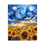 A Post-Impressionism Art acrylic painting titled "Under Saint-Remy’s Sky" by Tri Pandrong at Gallery Jakarta. This Contemporary art Jakarta piece by an Emerging artist features sunflowers and a turbulent night sky inspired by Van Gogh.