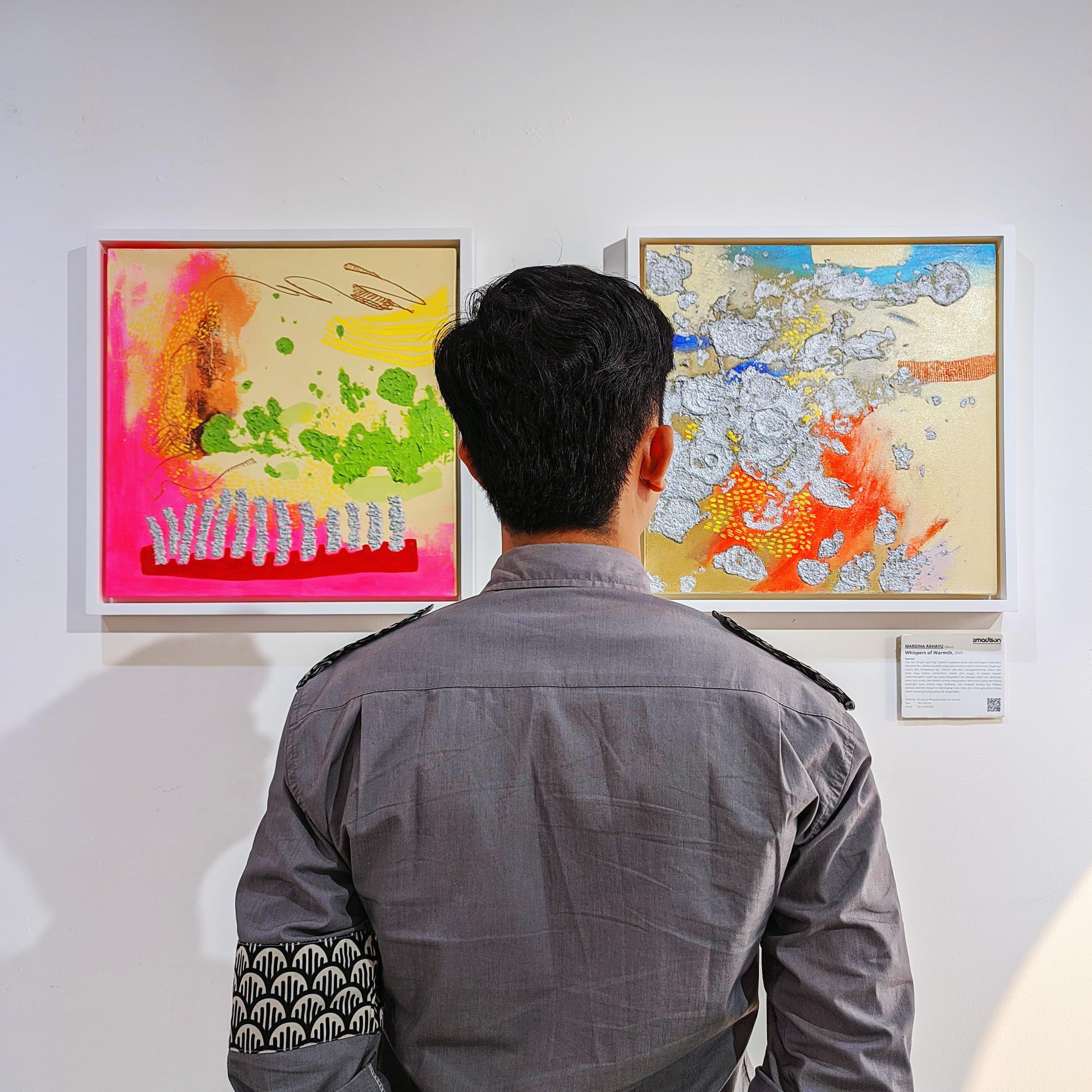 An Abstract Expressionism Art painting titled "Whispers of Warmth" (2025) by Mardina Rahayu at 2Madison Gallery, part of Art Indonesia and Gallery Jakarta. This textured mixed media work reflects emotional memory and is featured in Affordable Art Asia.